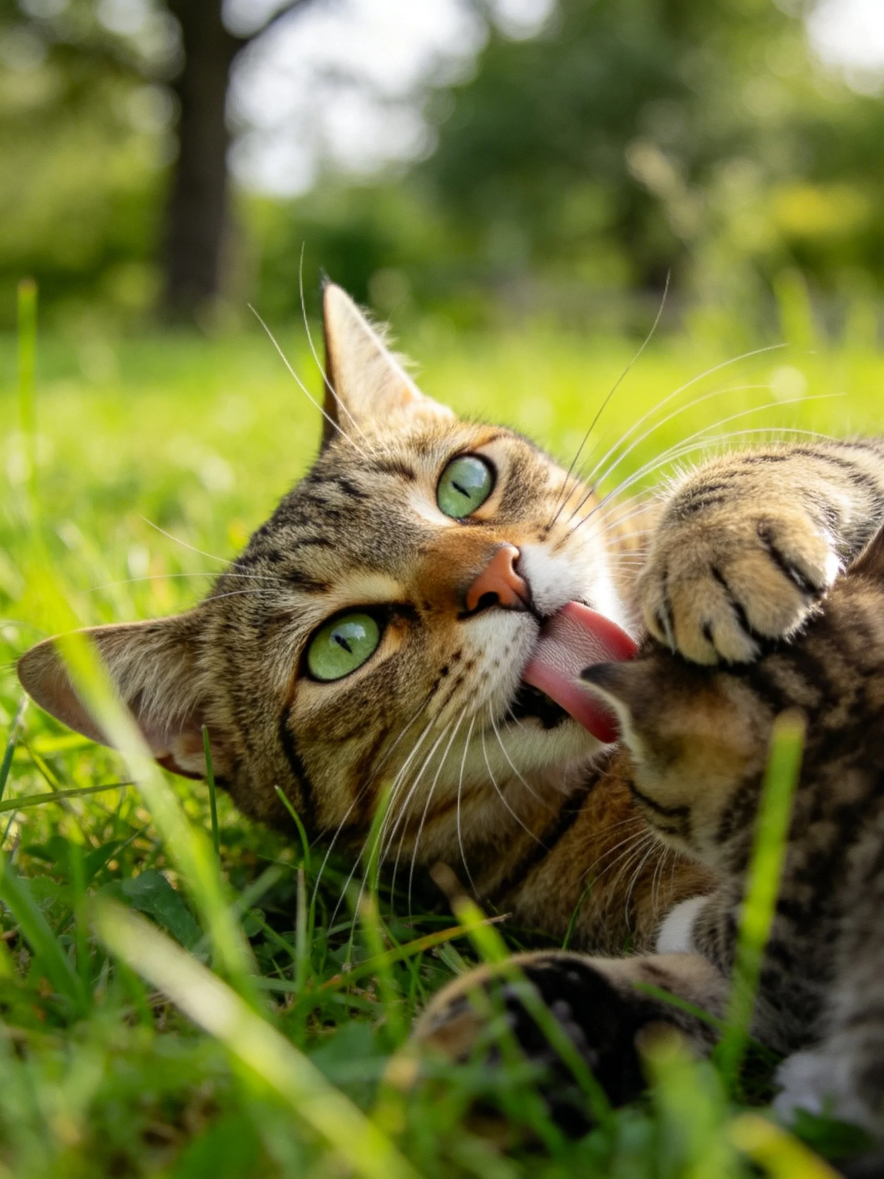 A tabby cat grooms a kitten while resting on grass.