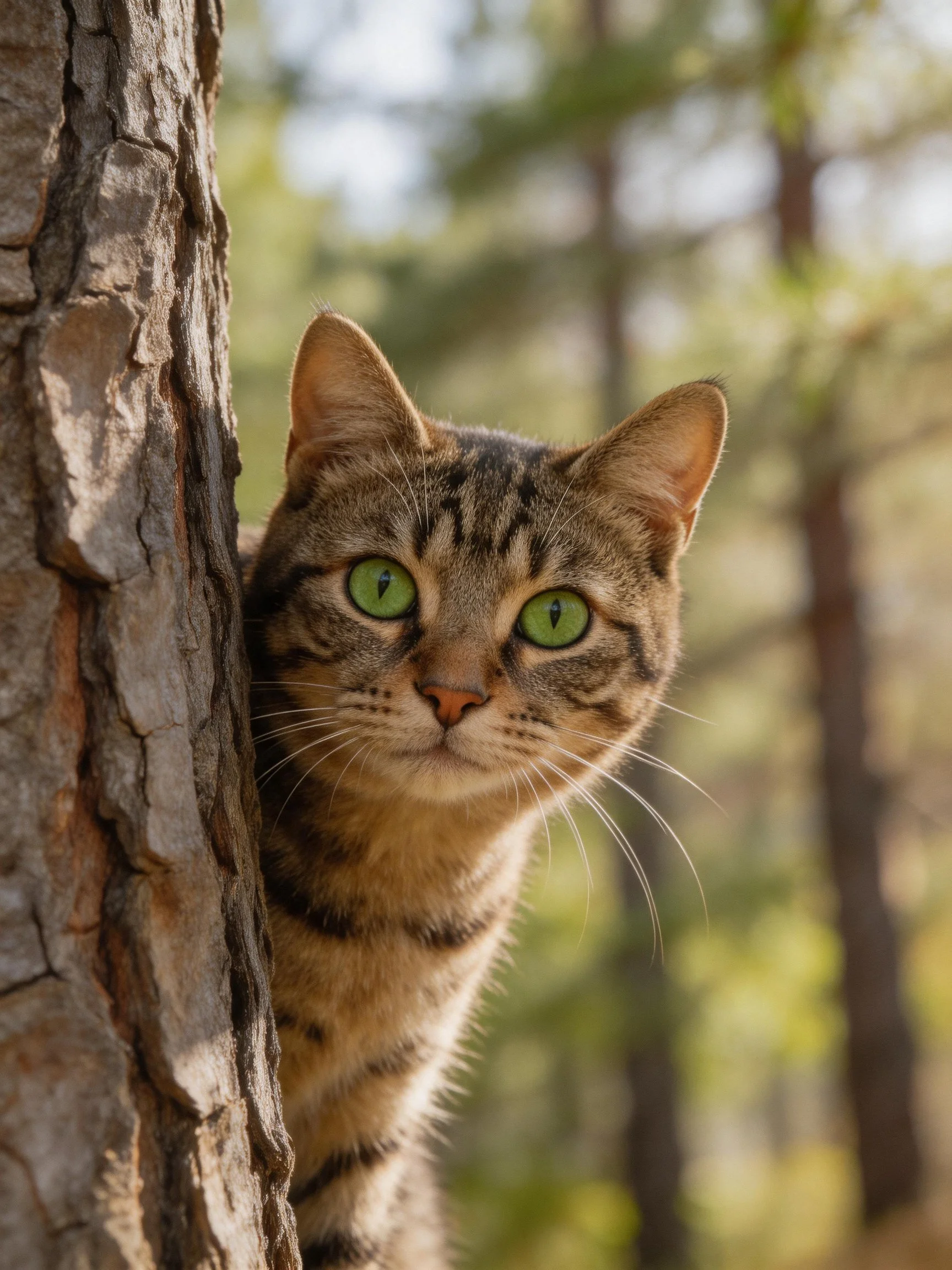 A tabby cat with bright green eyes peeks from behind a tree trunk in a sunlit forest.