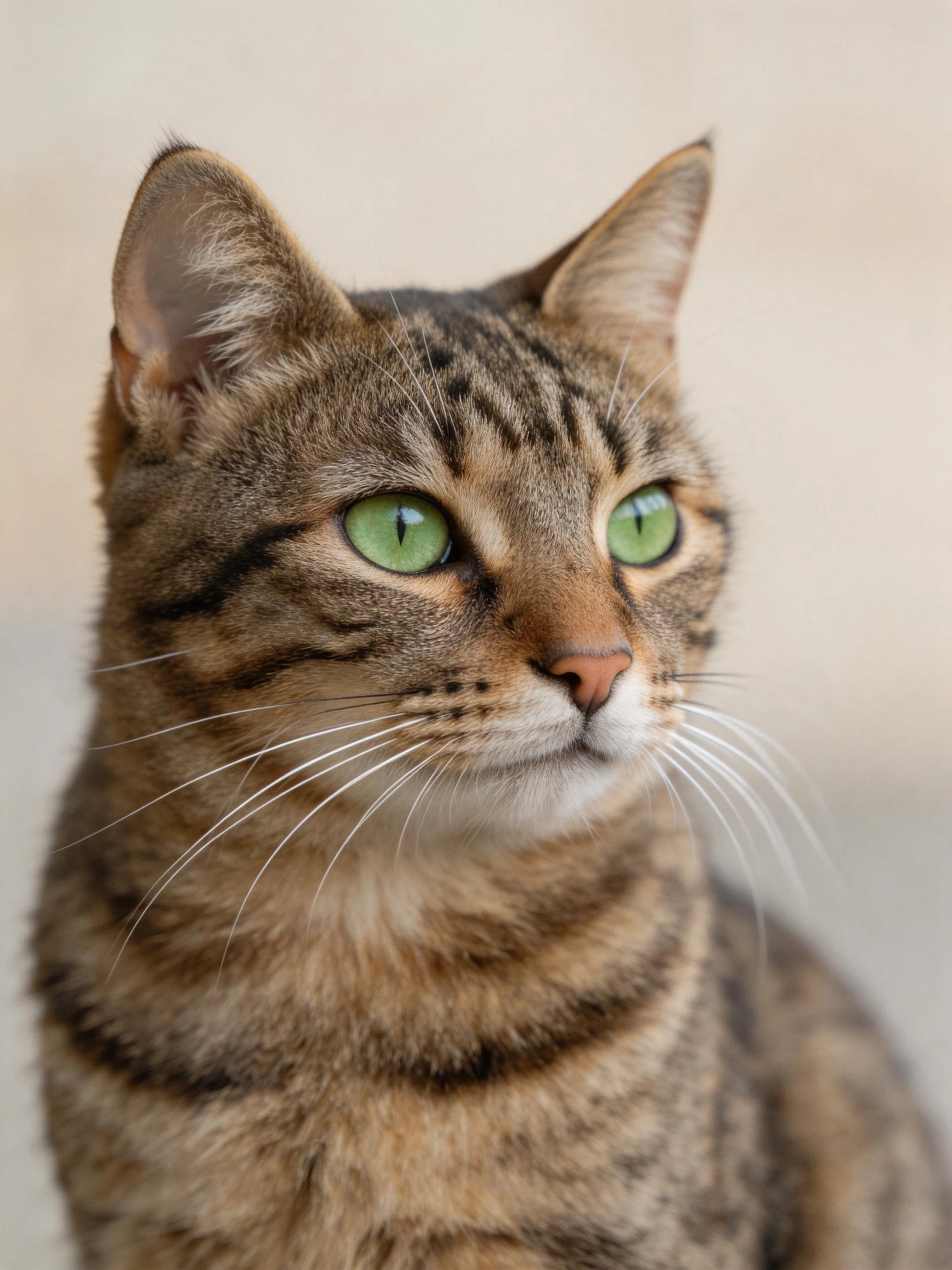 A tabby cat with green eyes is shown in a close - up photograph.