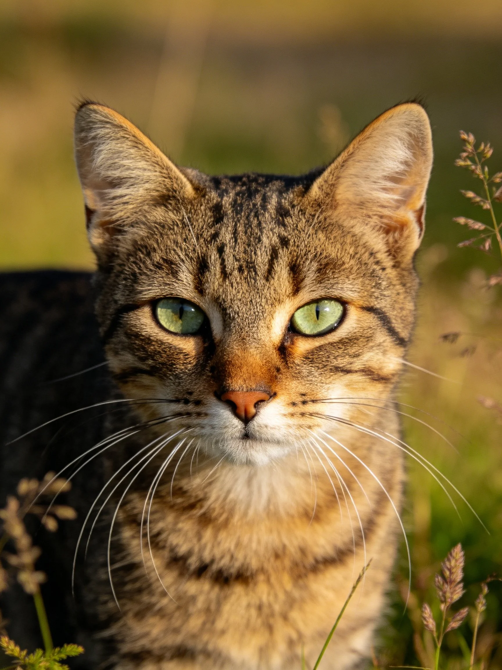Tabby cat with green eyes is surrounded by tall grass and vegetation.
