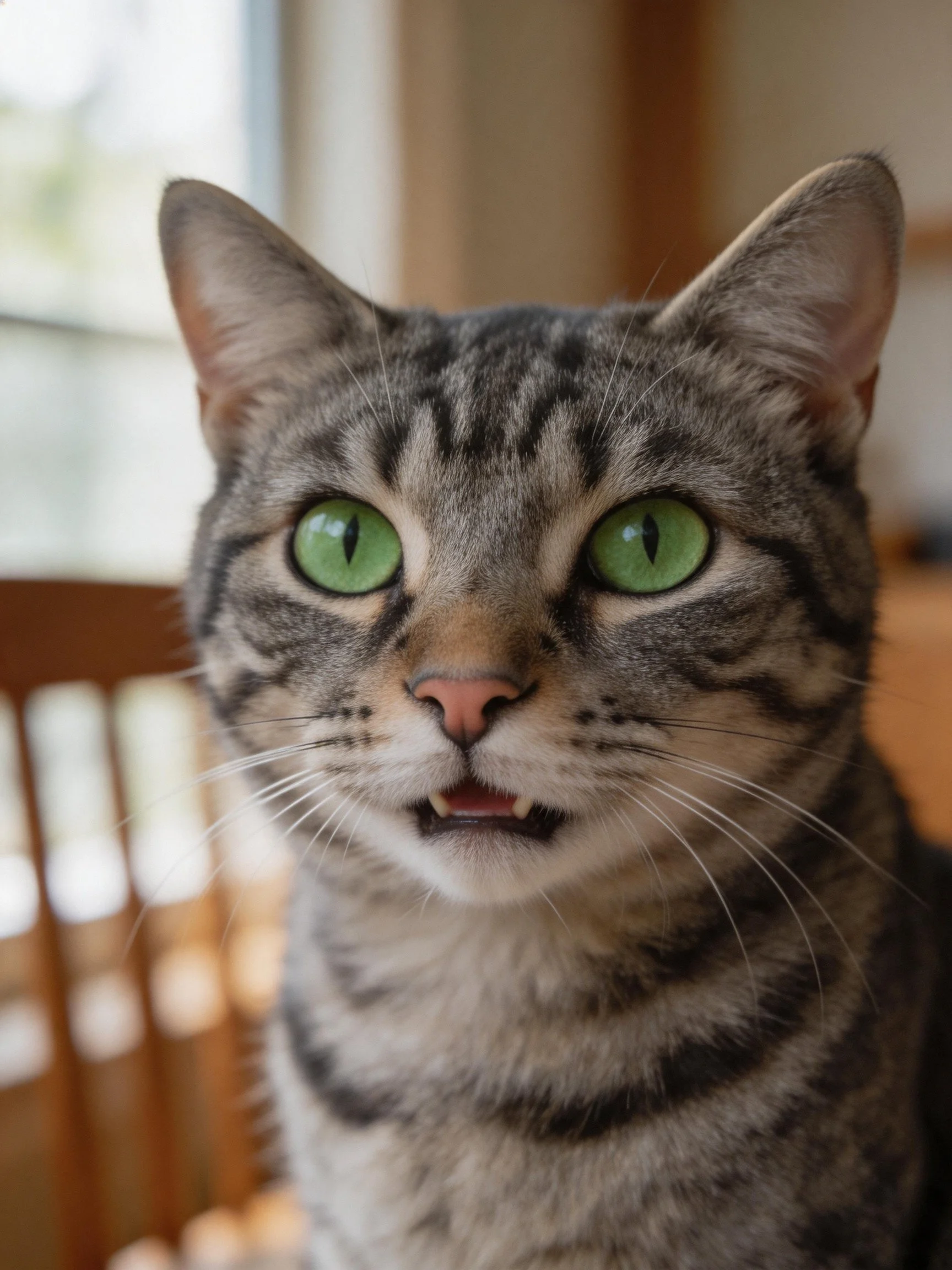 A tabby cat with vivid green eyes is photographed indoors.