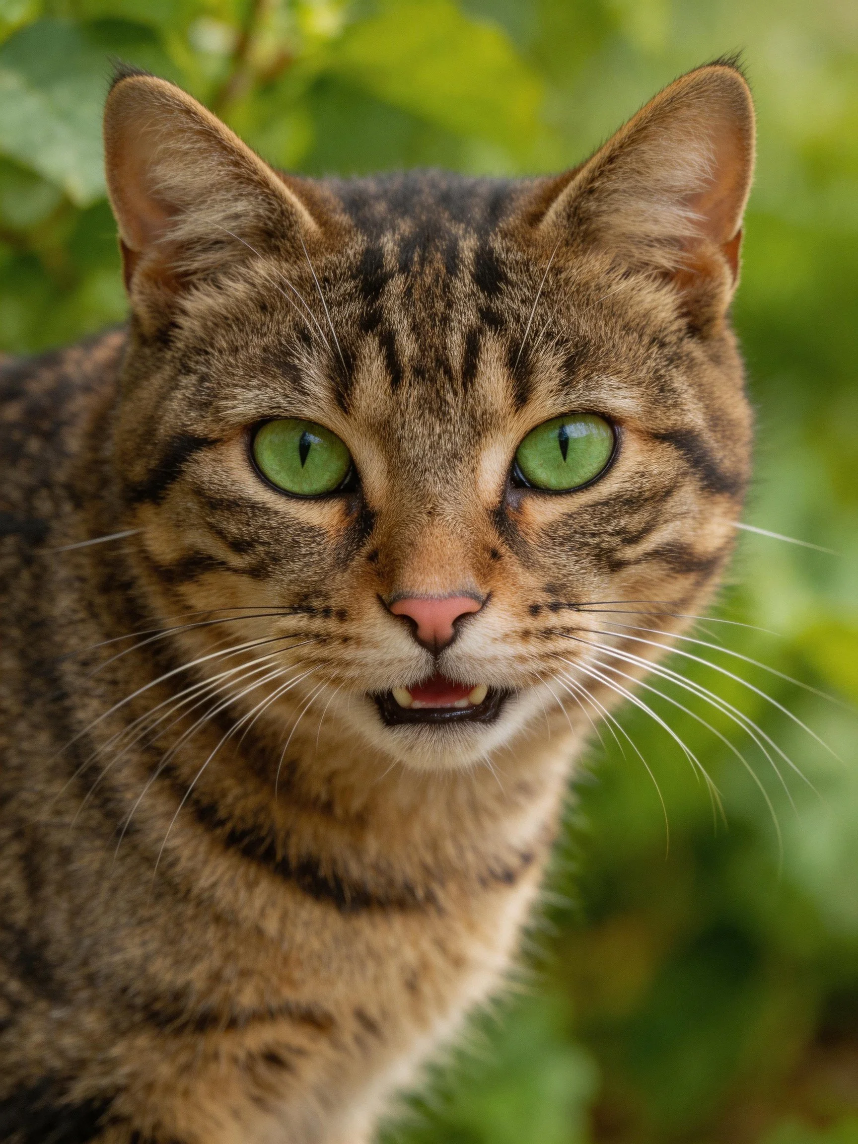 A tabby cat with vivid green eyes is centered among soft greenery.