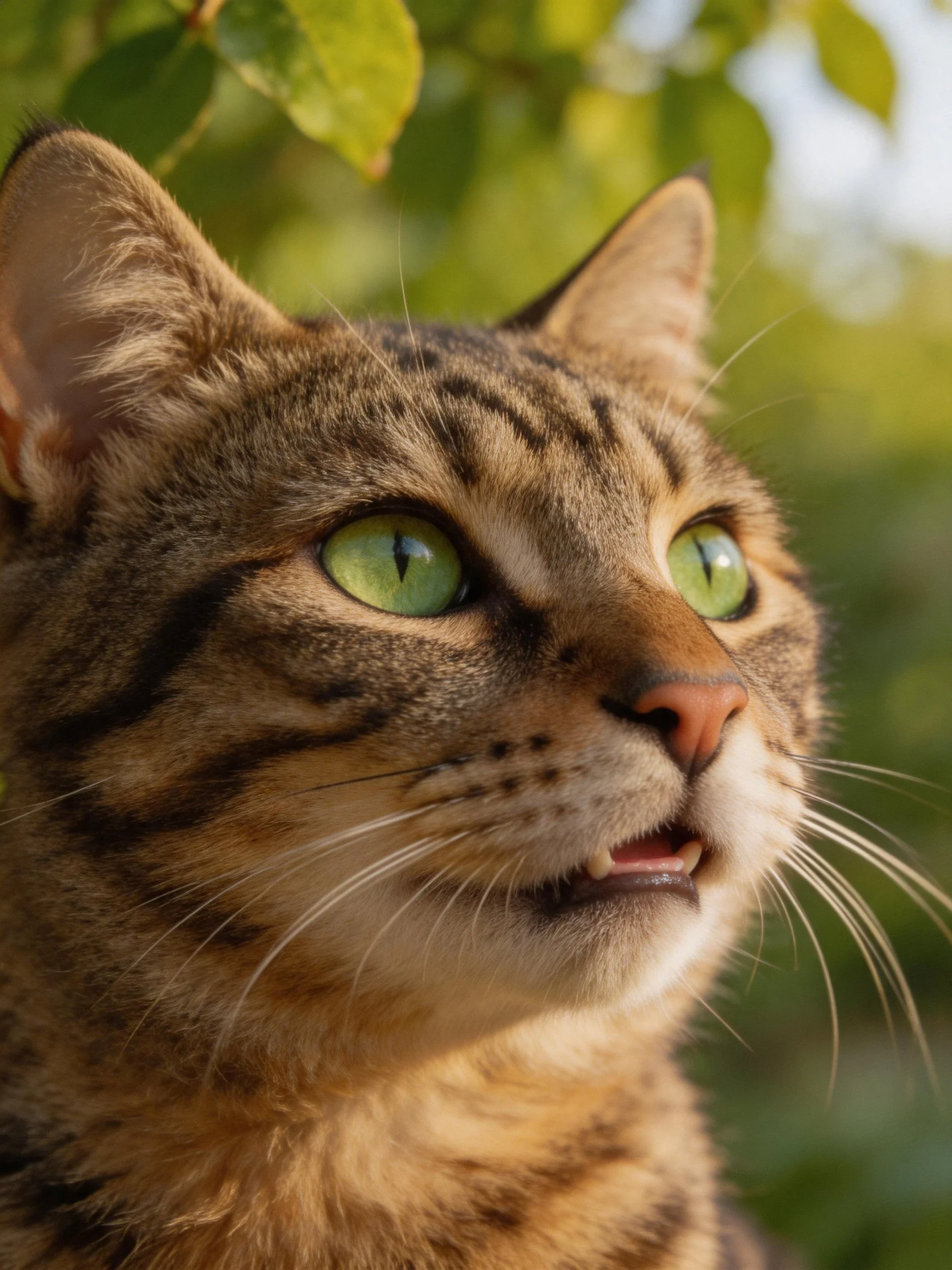 A tabby cat gazes upward with bright green eyes amid sun-dappled foliage.