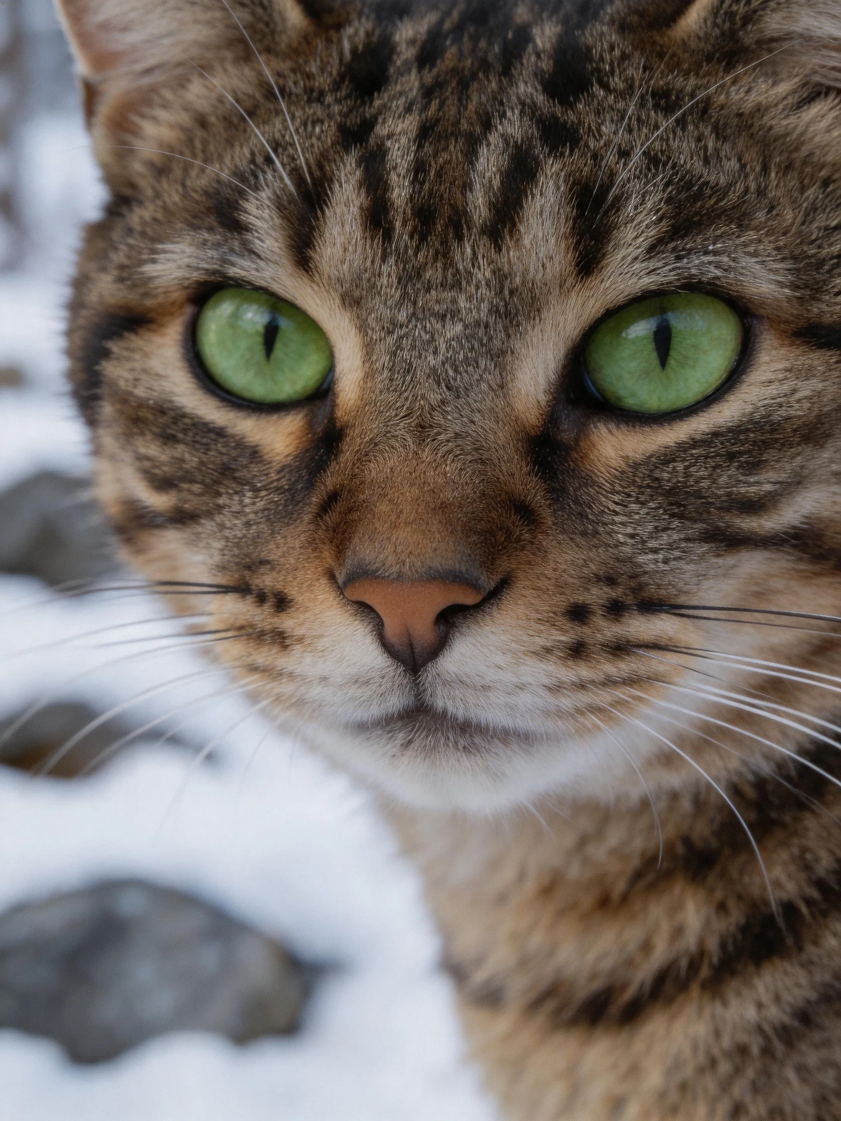 A tabby cat with green eyes is photographed up close in a snowy scene.