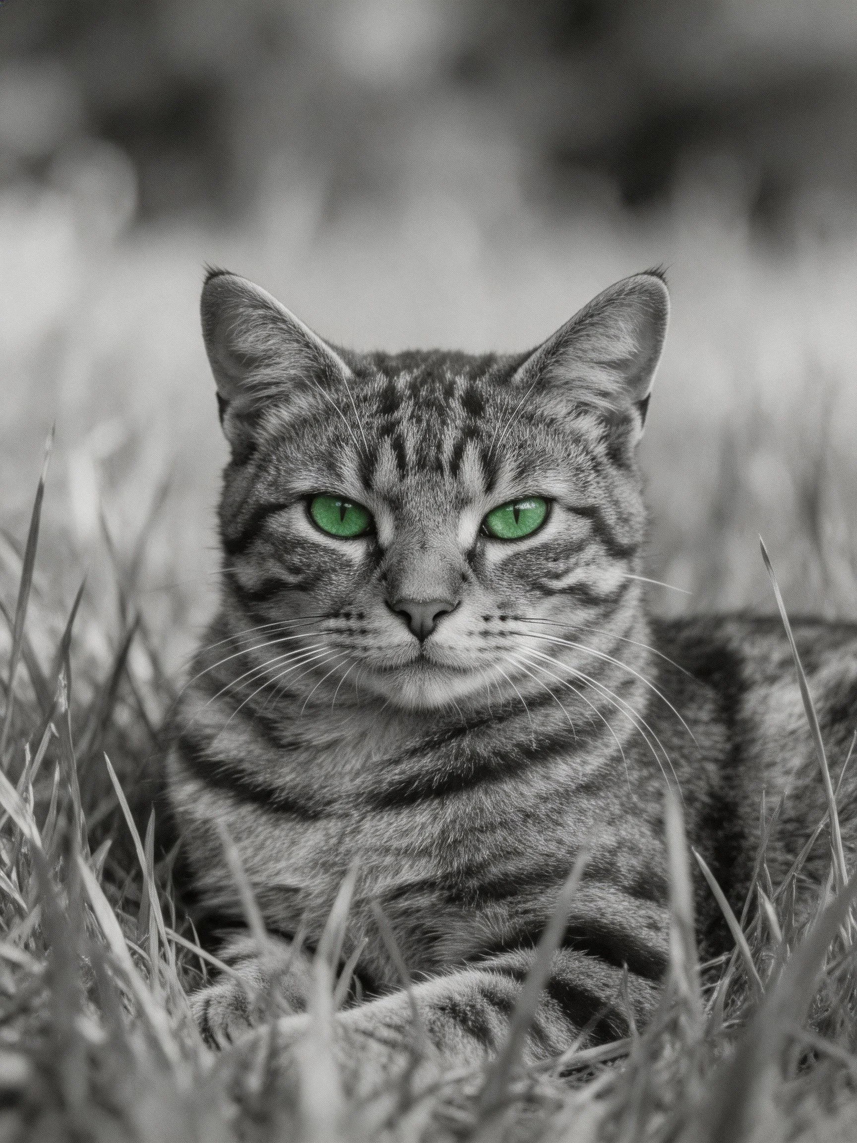 A tabby cat with green eyes rests in grass.