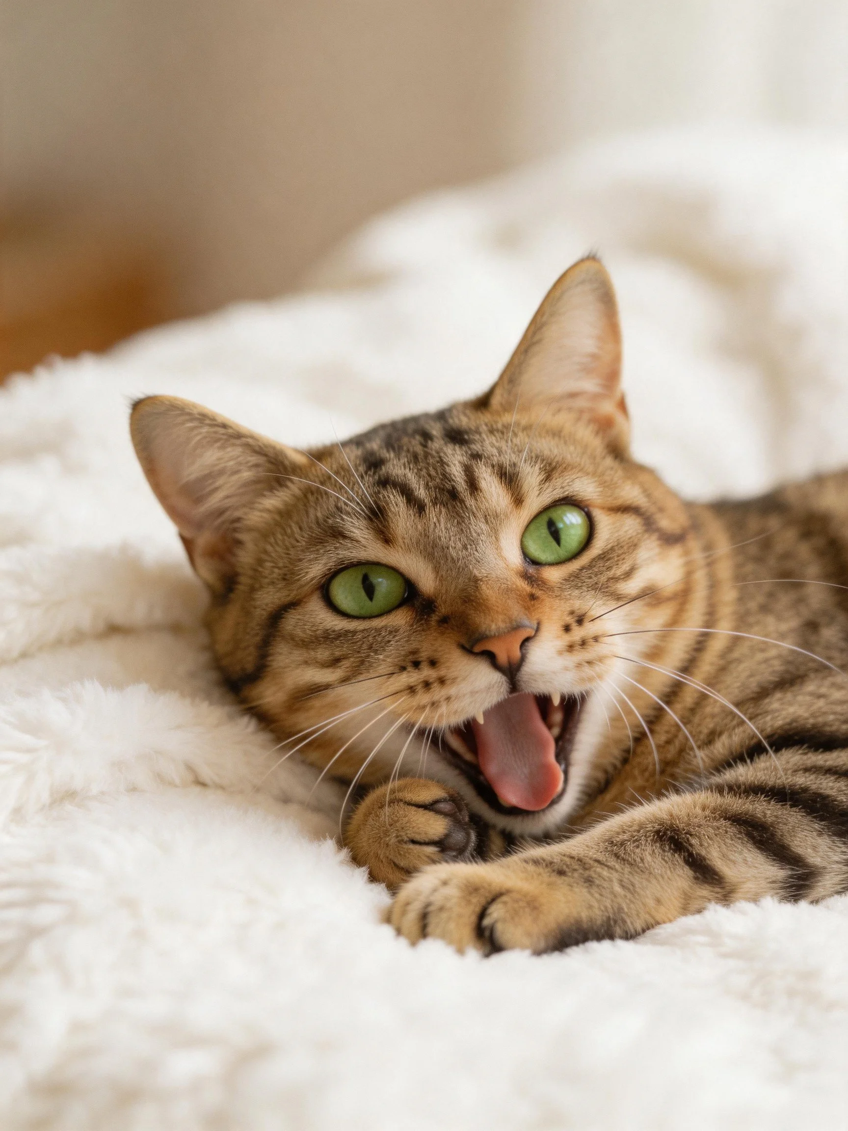 A tabby cat with green eyes relaxes on a soft white blanket.