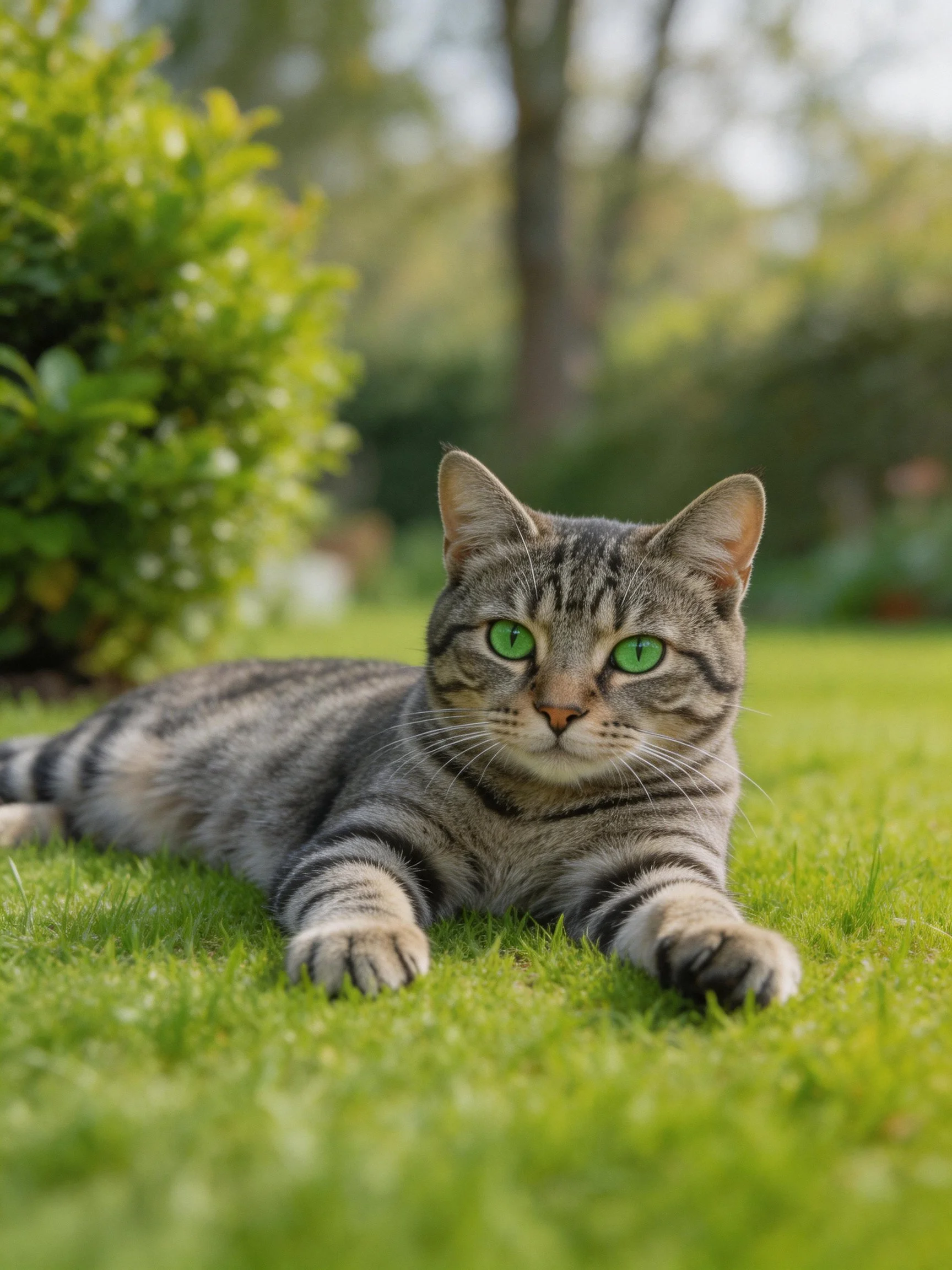 A tabby cat with green eyes relaxes on grass in a sunlit garden.