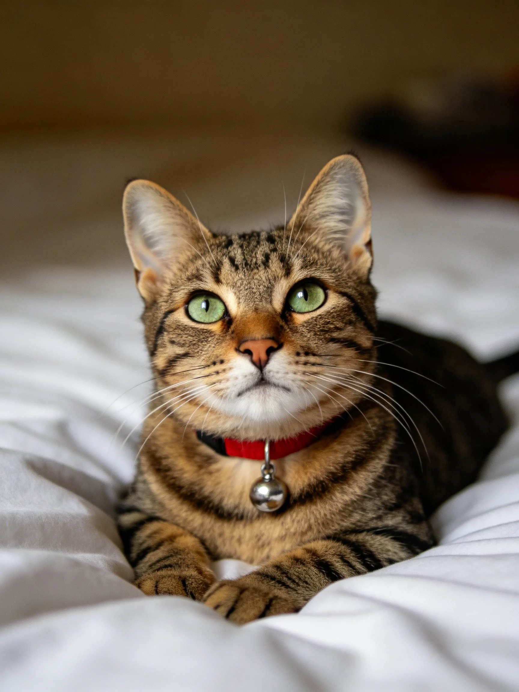 A tabby cat with green eyes relaxes on white bedding