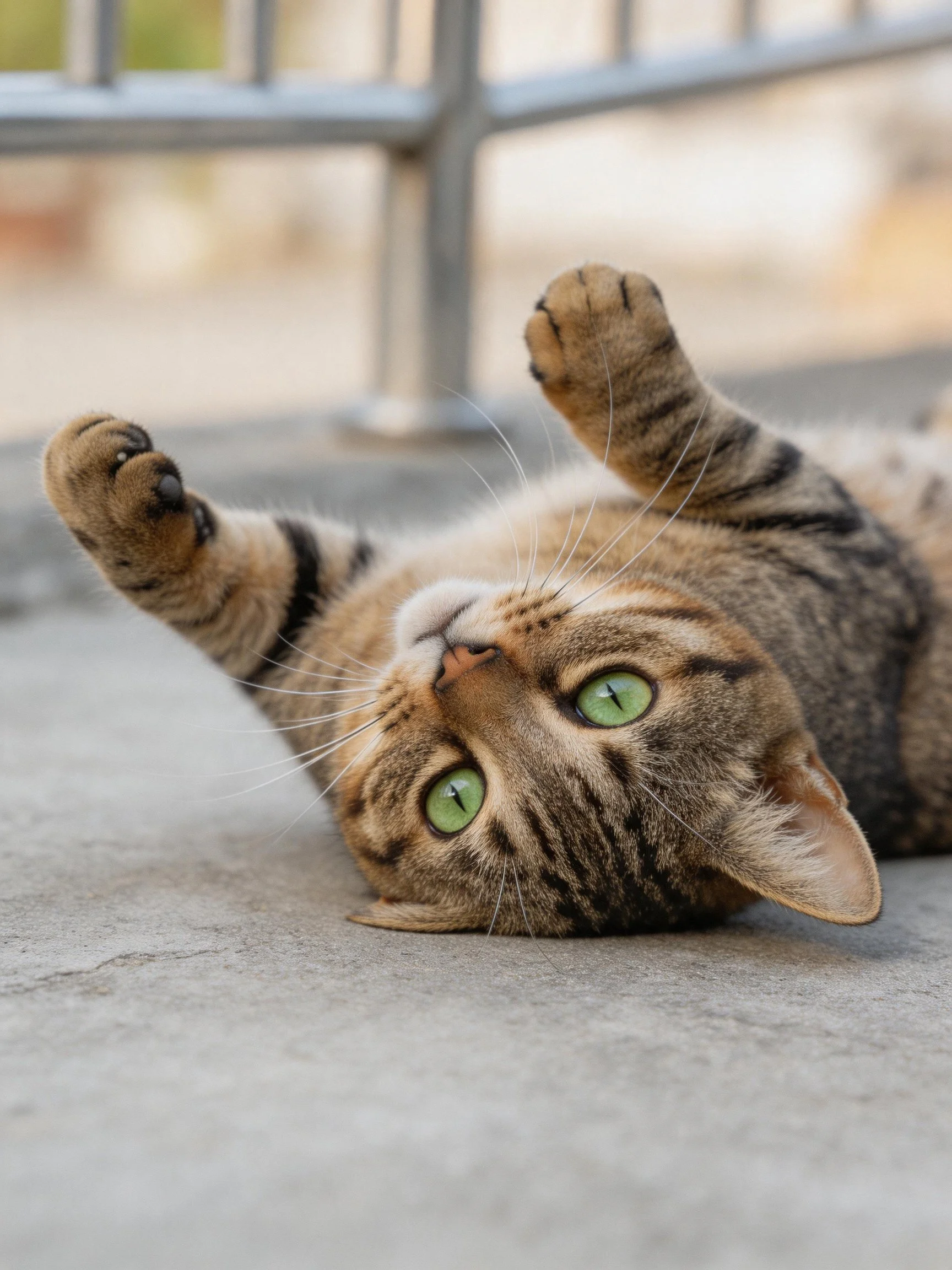 A tabby cat with green eyes relaxes on a concrete surface.