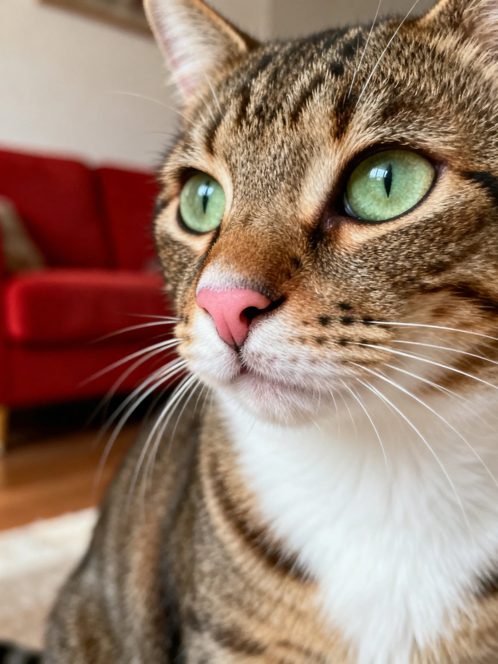 A tabby cat with green eyes is near a red sofa indoors.