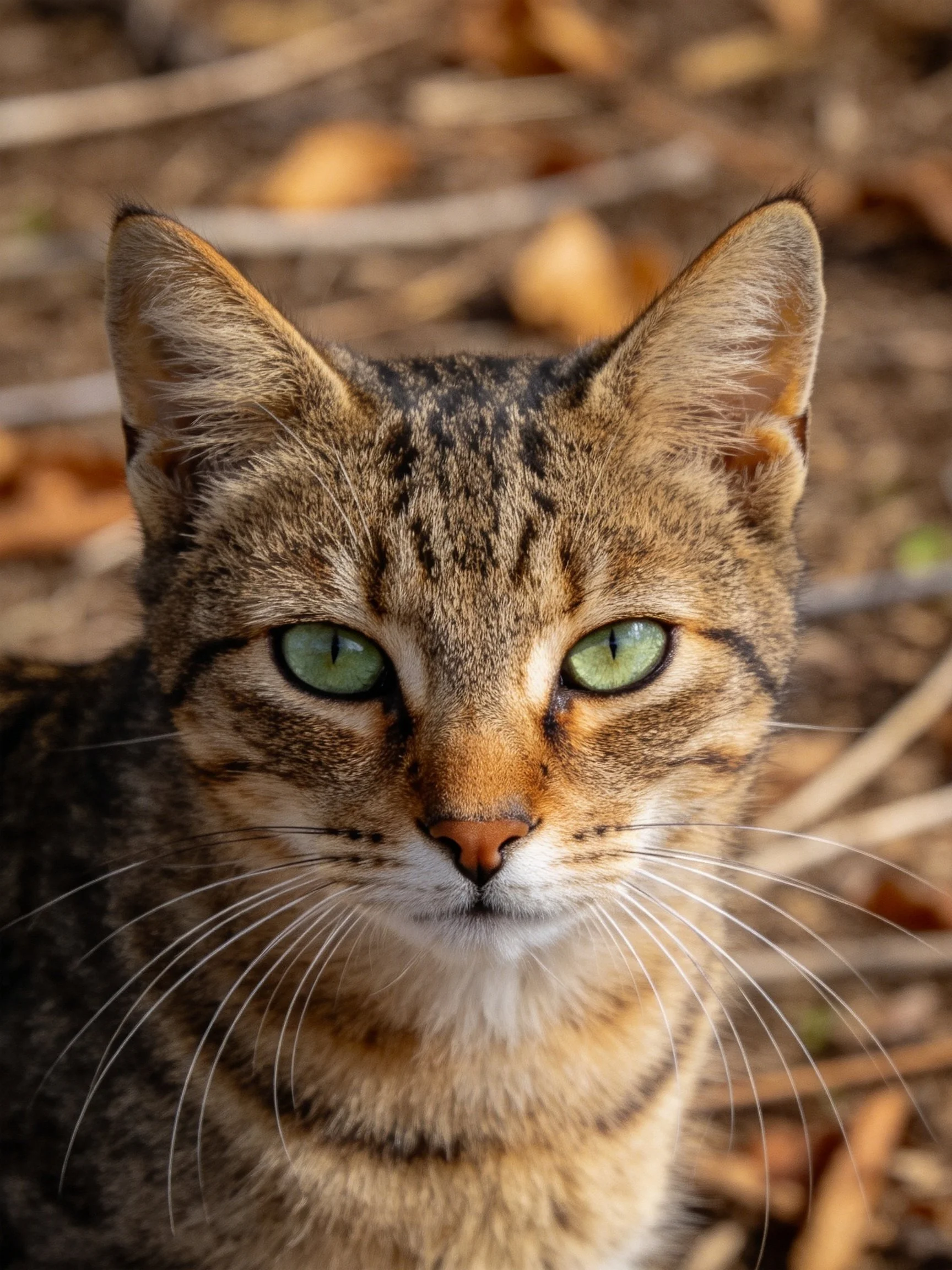 A tabby cat with bright green eyes rests amid dry foliage.
