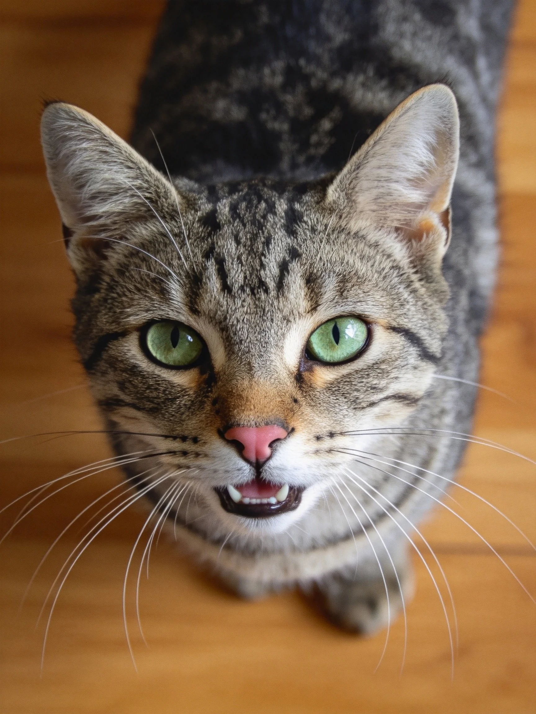 A tabby cat with vivid green eyes stands on a wooden surface.