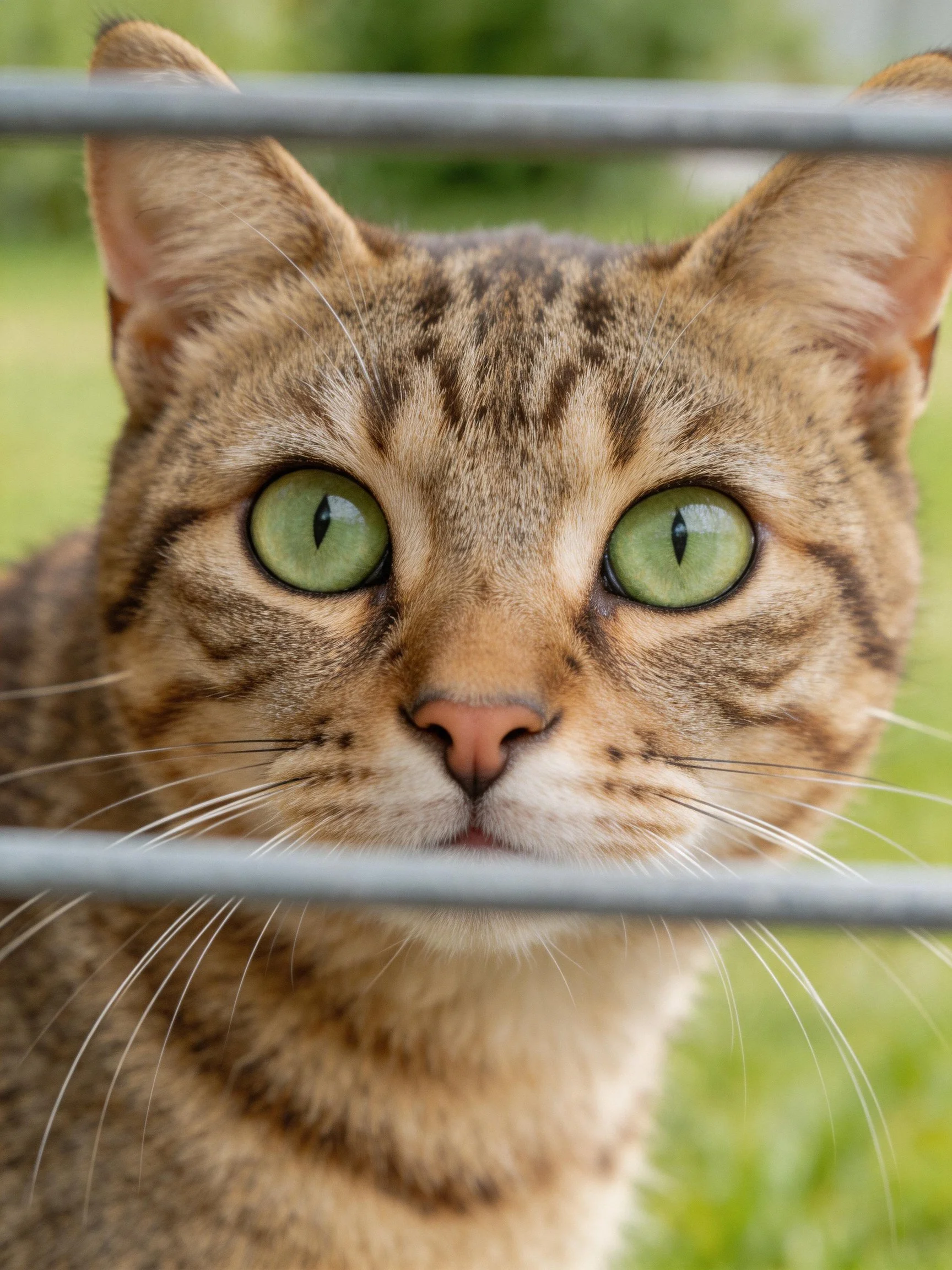 A tabby cat with bright green eyes looks through metal bars in an outdoor scene.