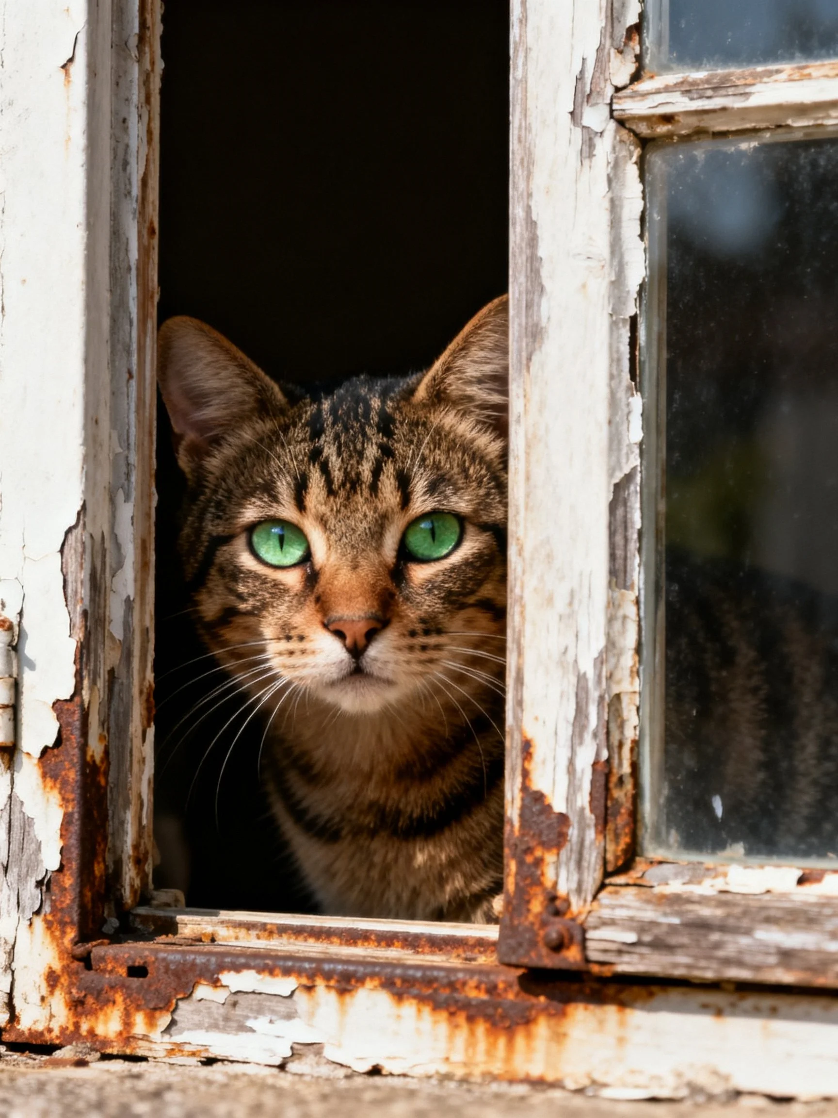 A tabby cat with green eyes looks out from an aged, rust-stained window.