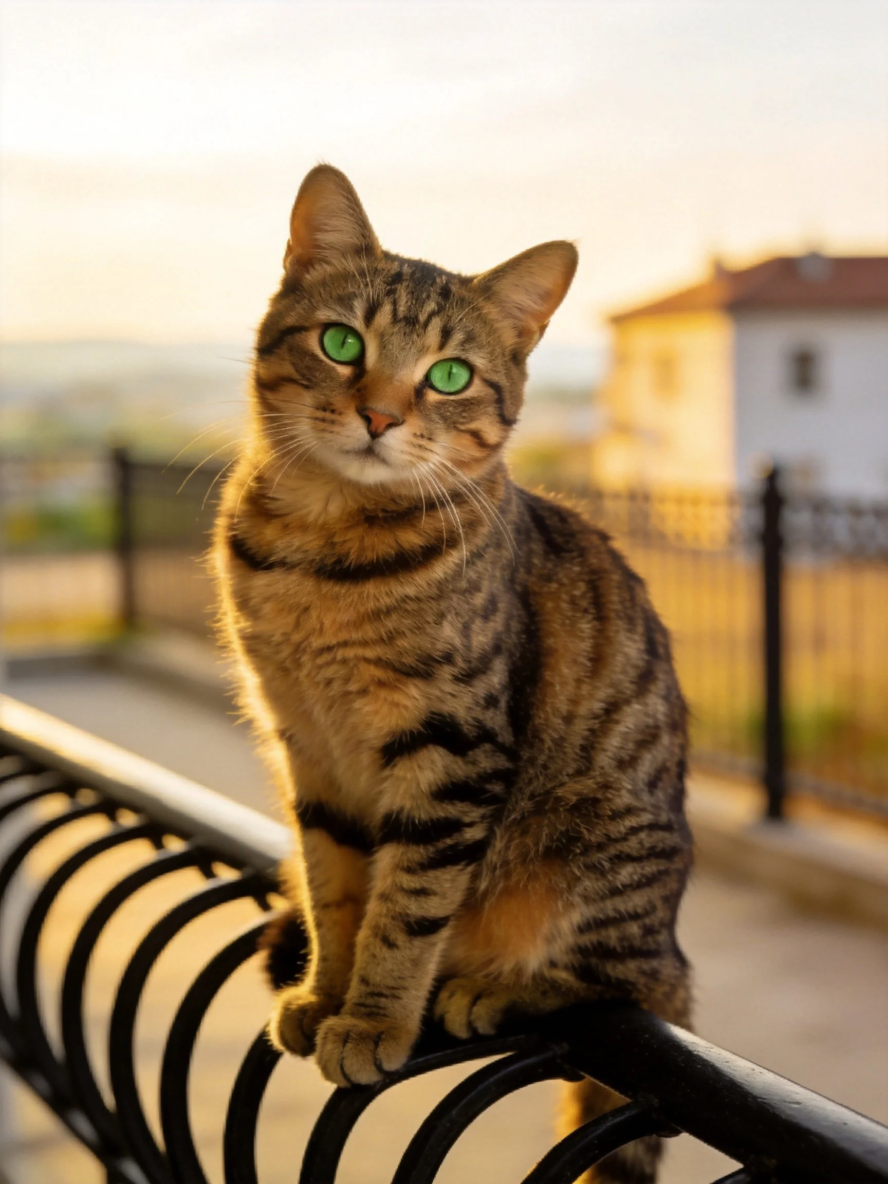 A tabby cat with green eyes sits atop a black metal railing in an outdoor setting.