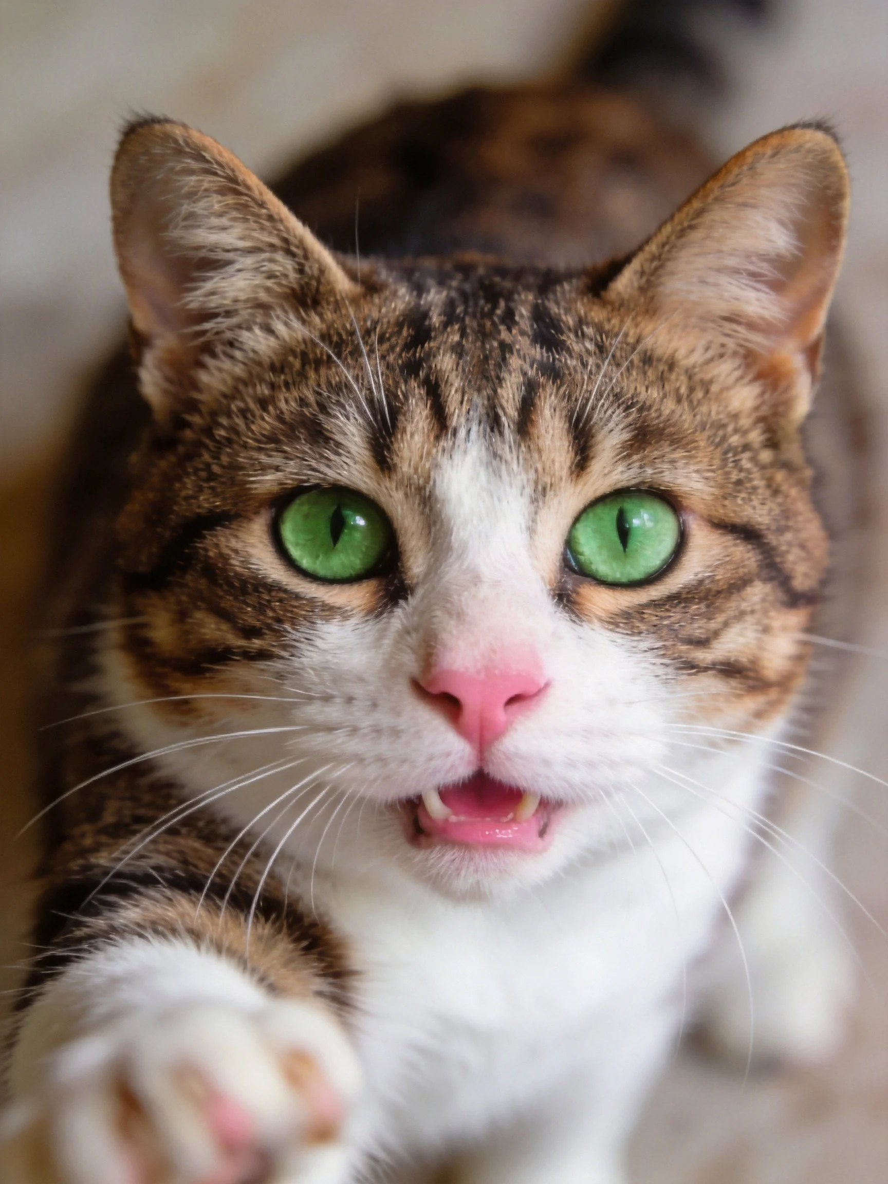 A tabby cat with bright green eyes reaches toward the viewer.