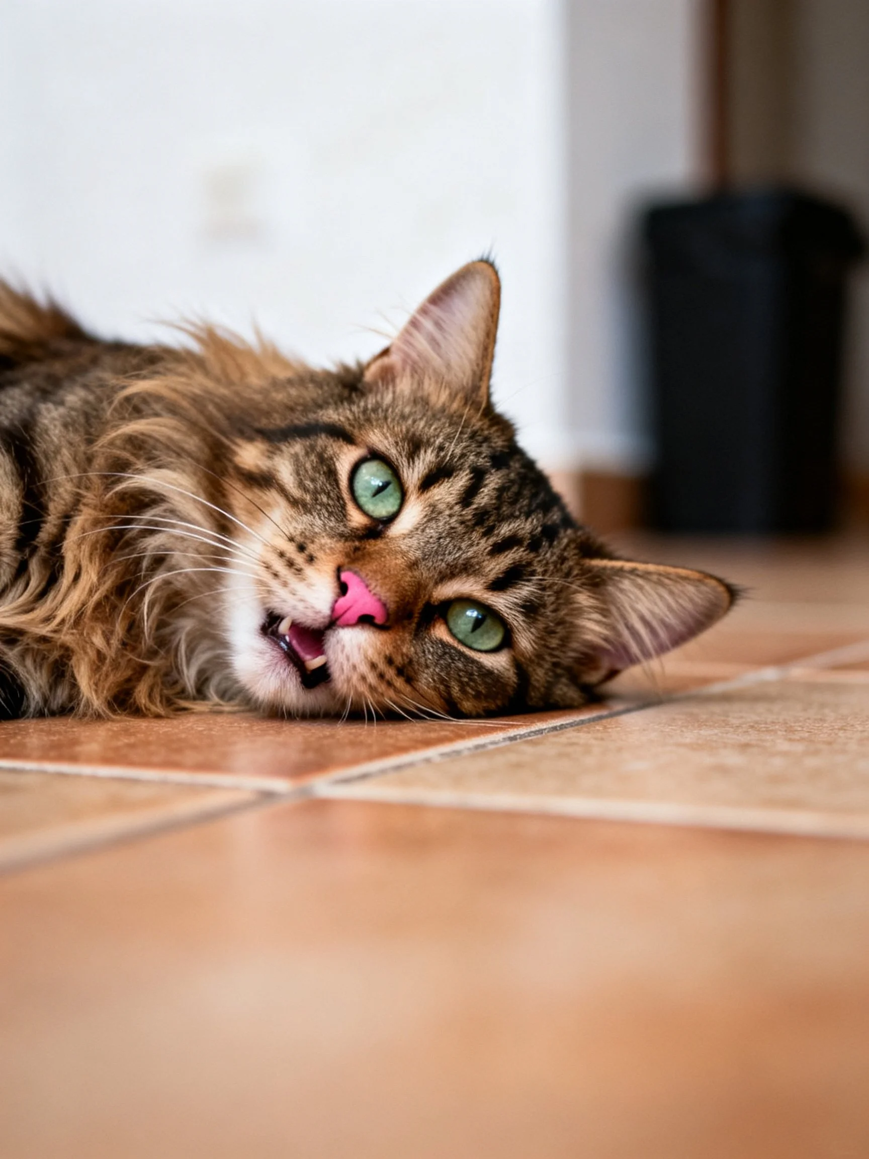 A tabby cat with bright green eyes relaxes on terracotta tiles