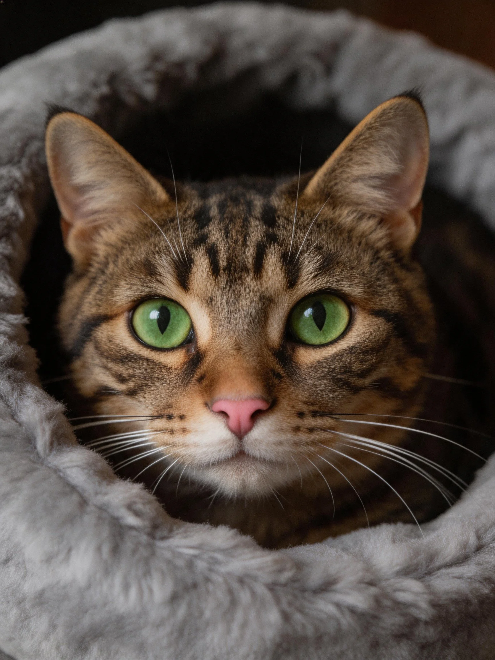 A tabby cat with striking green eyes rests inside a plush gray bed.