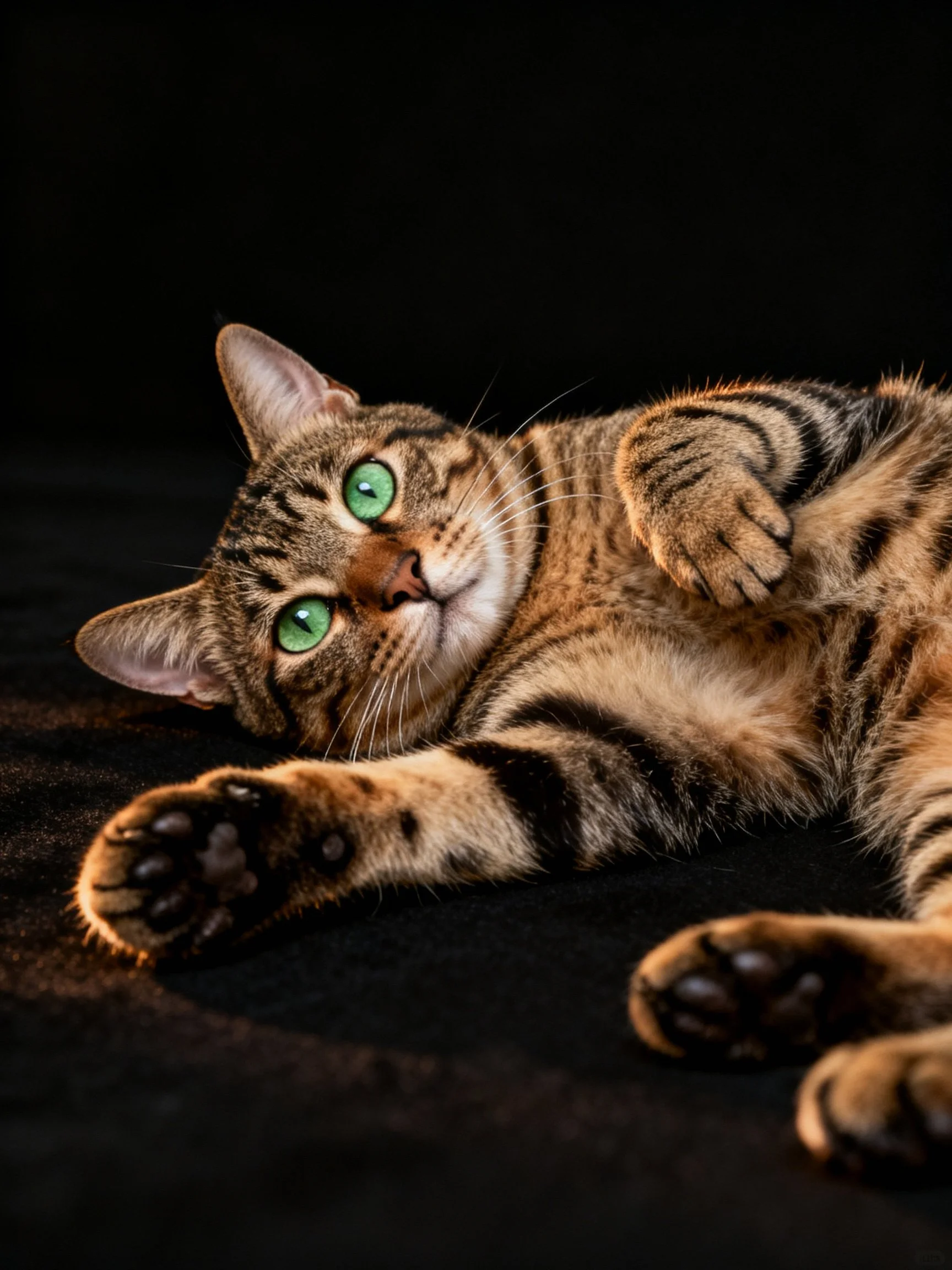 A tabby cat with green eyes rests on a dark surface
