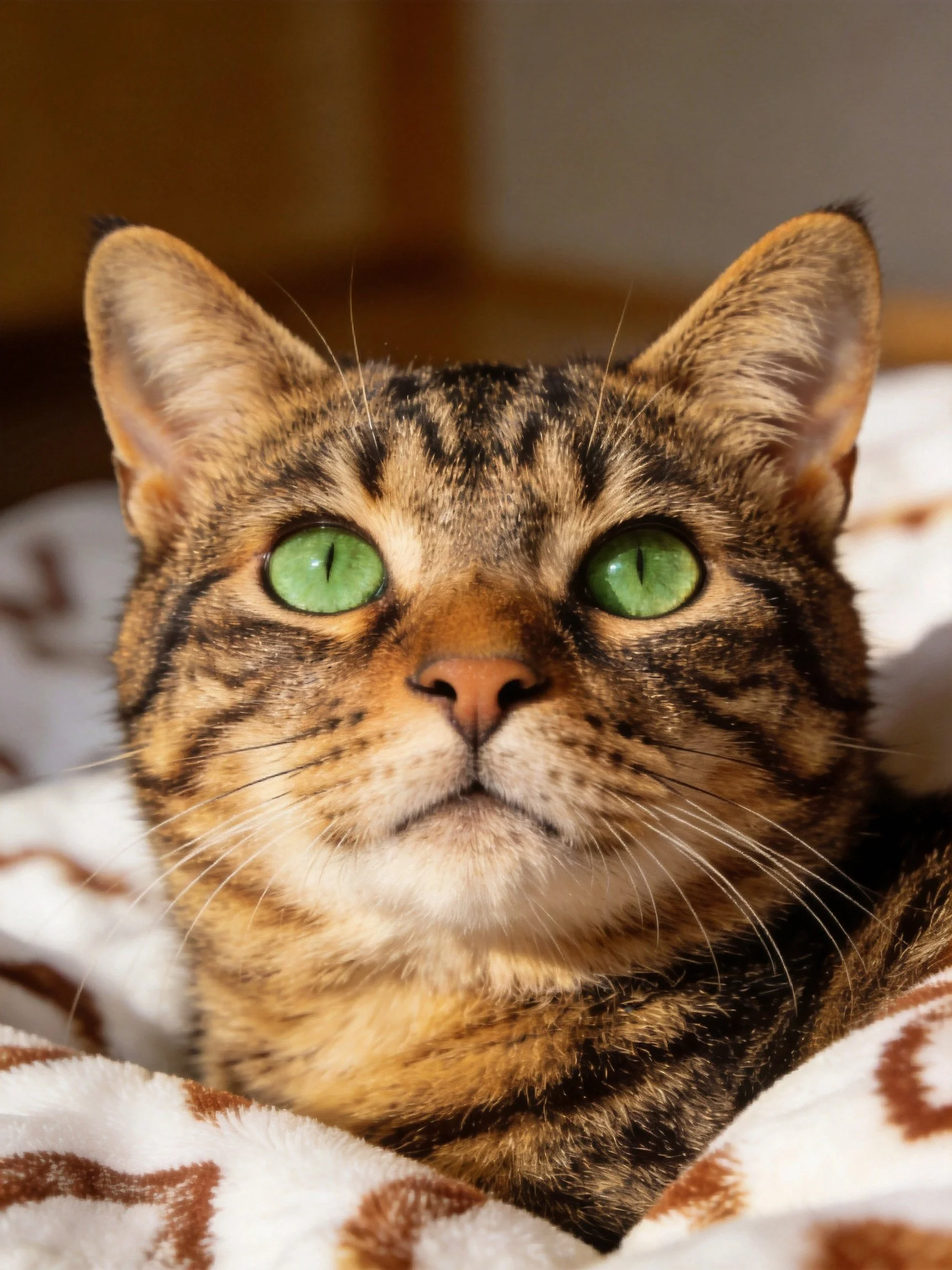 A tabby cat with green eyes sits on a blanket with brown designs.