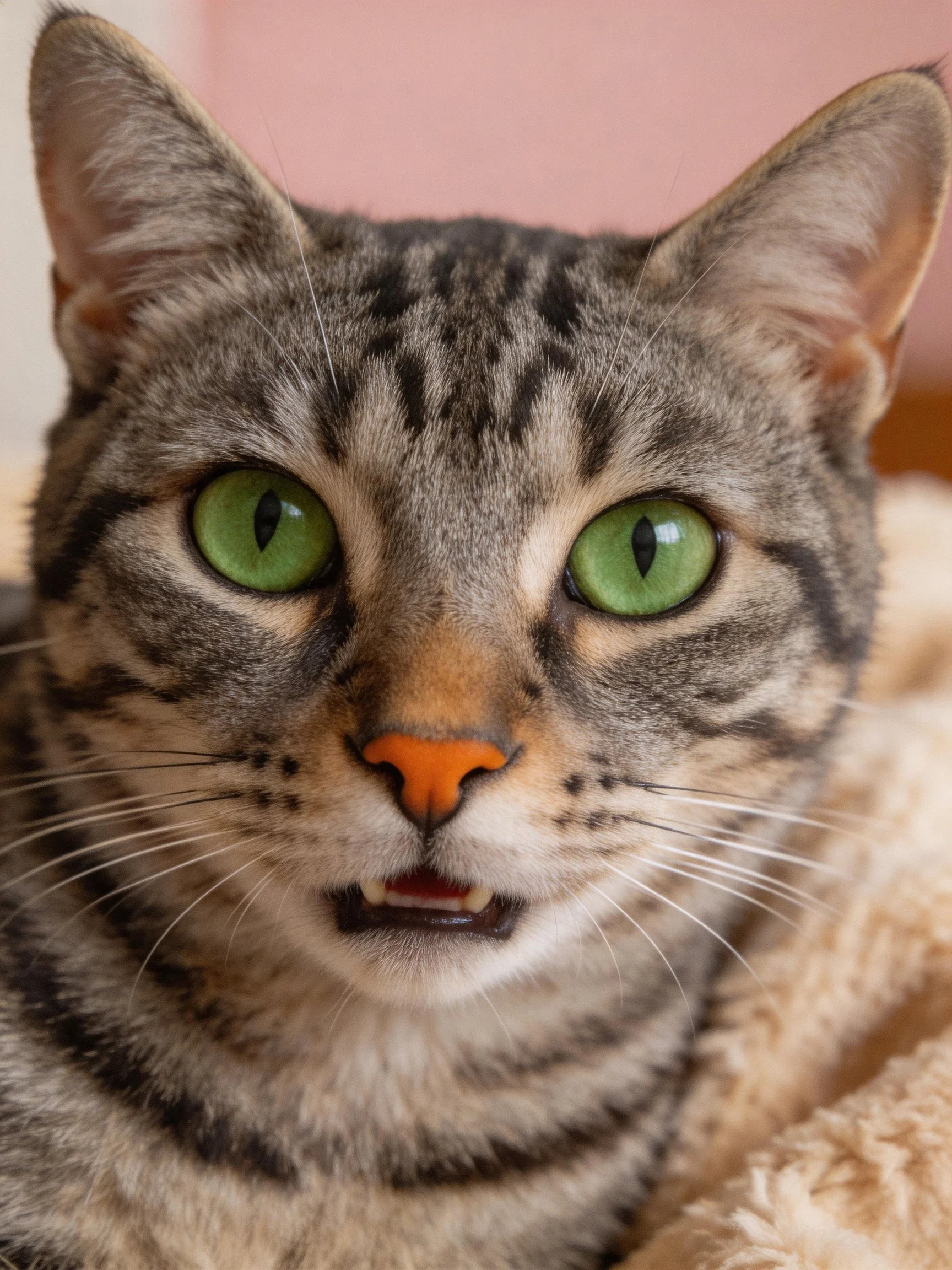 A tabby cat with bright green eyes rests on a soft blanket.