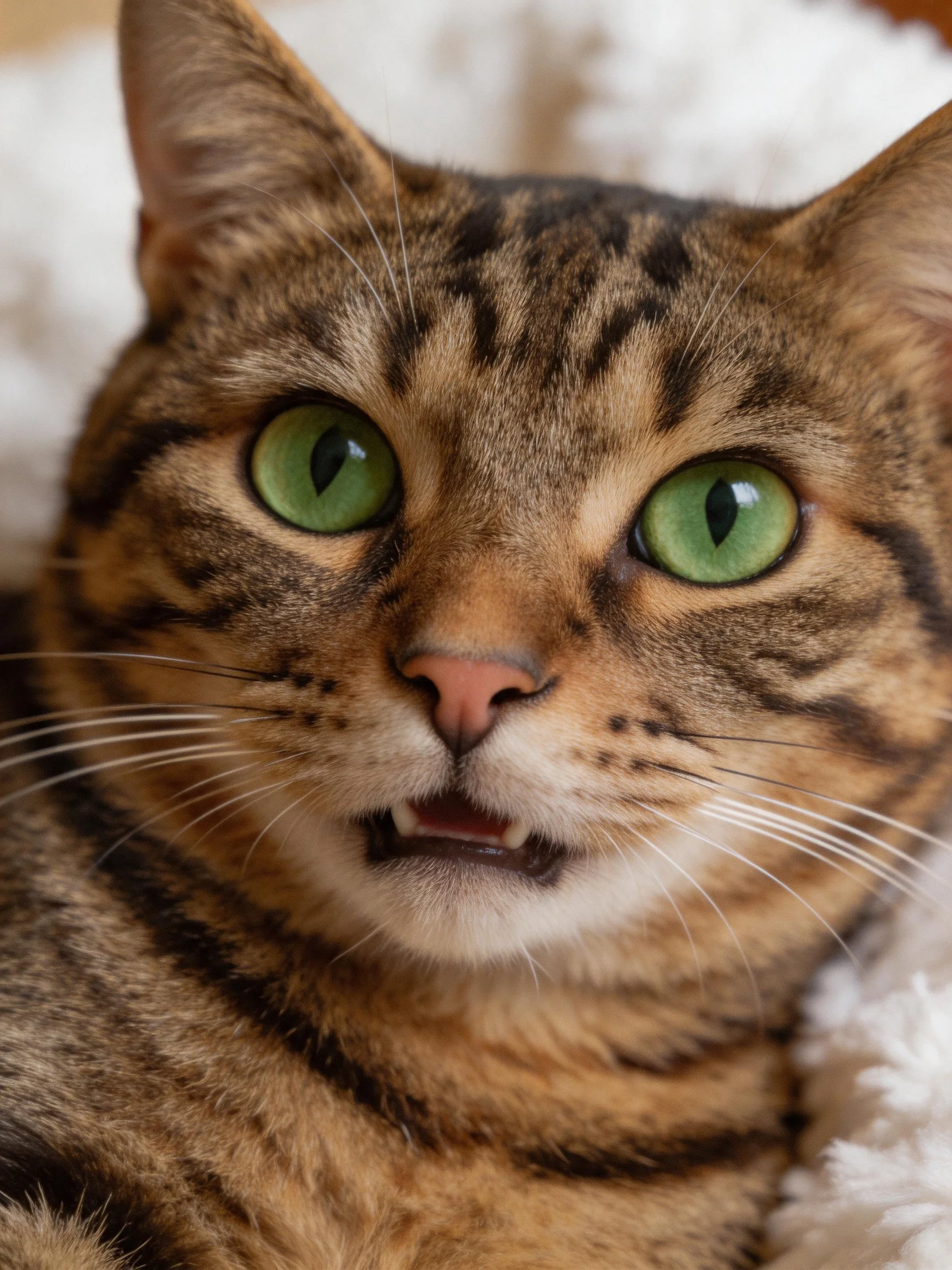 A tabby cat with bright green eyes relaxes on a soft white fabric.