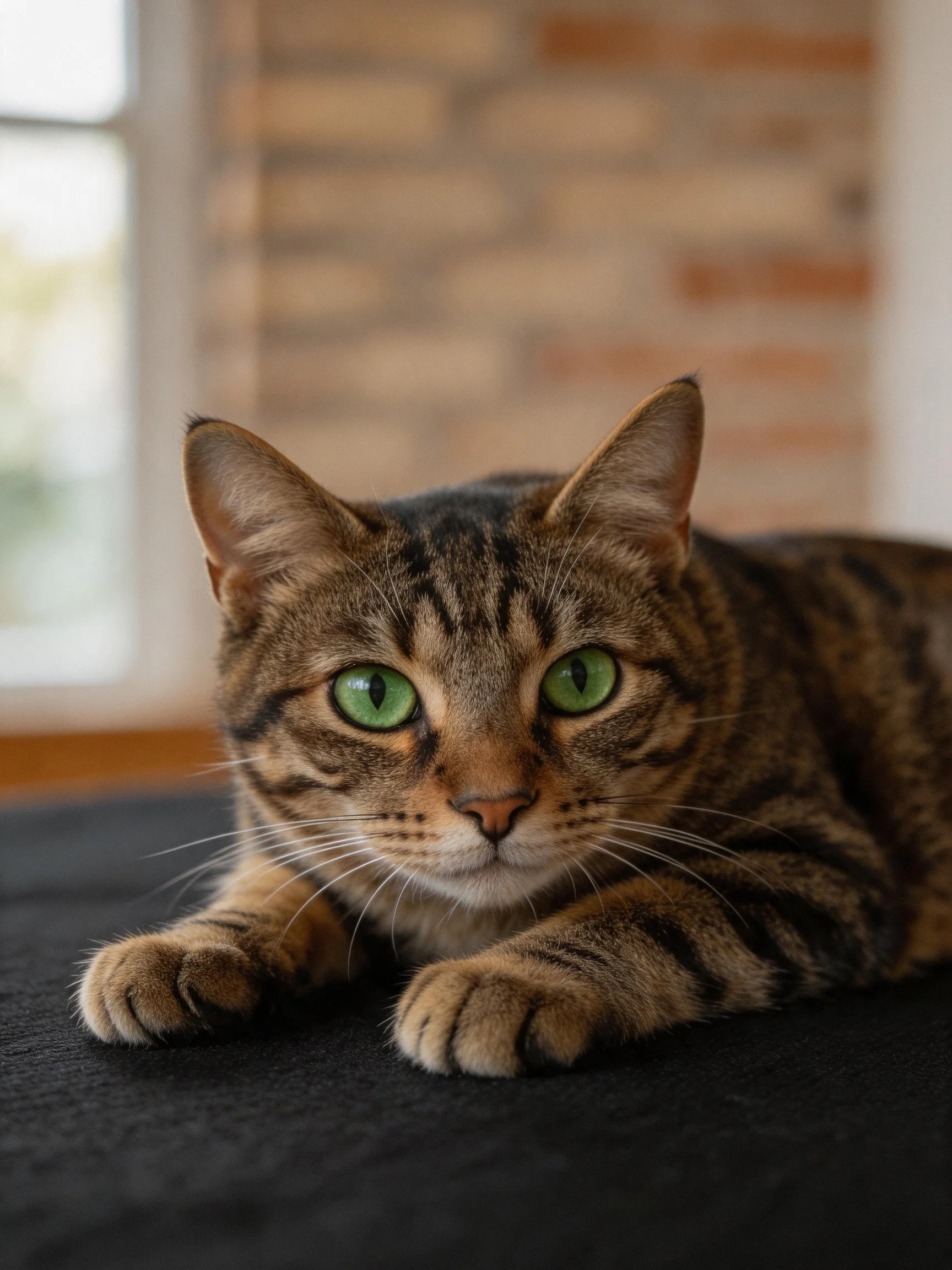A tabby cat with striking green eyes lies on dark fabric beside a brick wall.