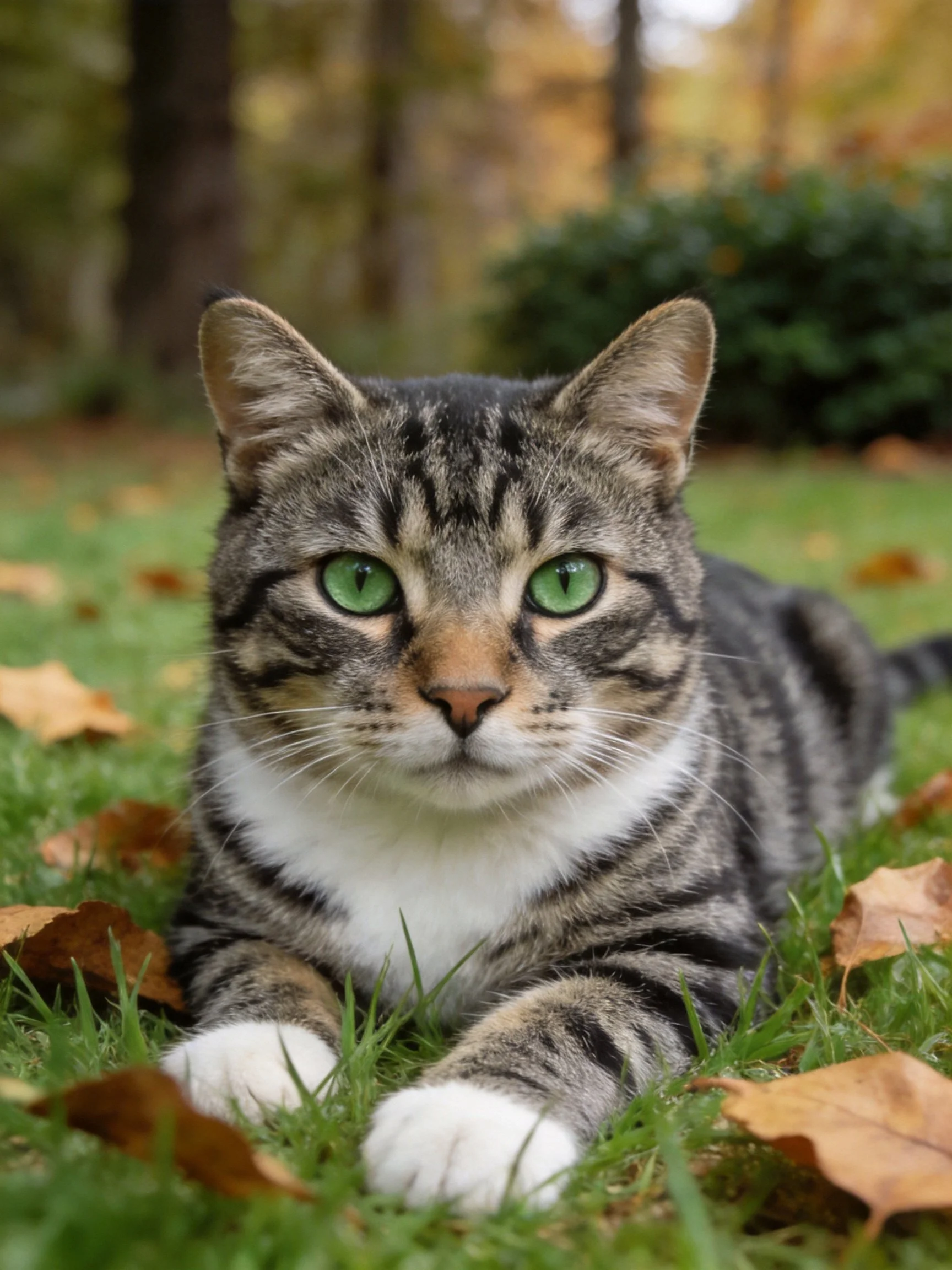 A tabby cat with green eyes lies calmly on grass surrounded by fallen leaves.