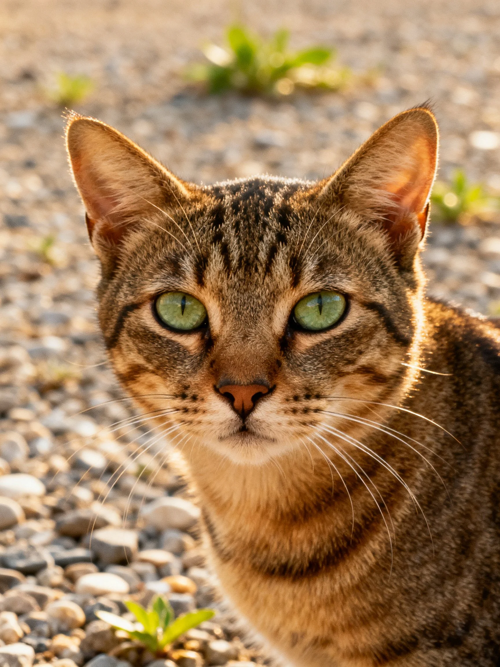 A tabby cat with green eyes sits on gravel near small plants.
