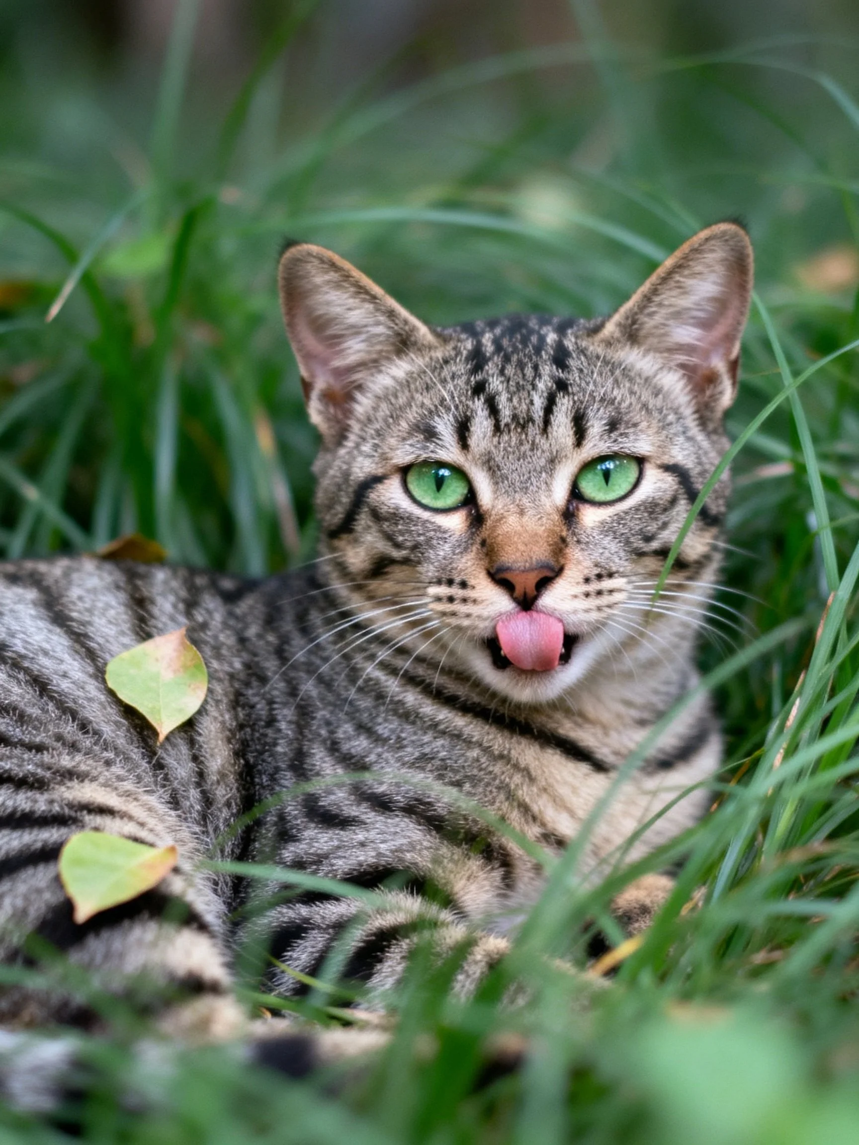 A tabby cat with green eyes relaxes in grass.