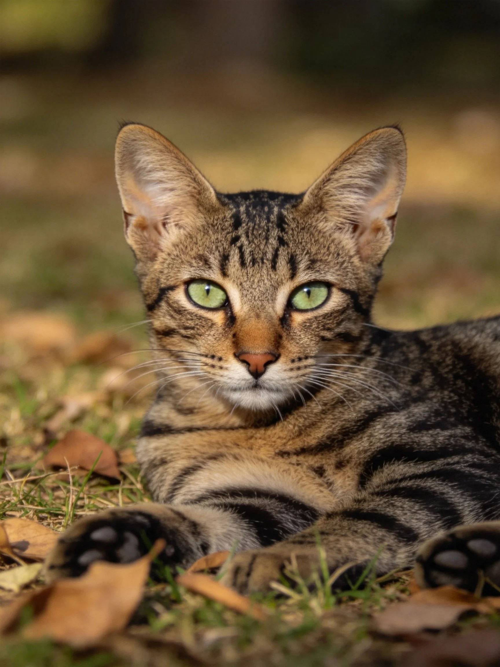 Atabby cat with green eyes relaxes on grass surrounded by dry leaves