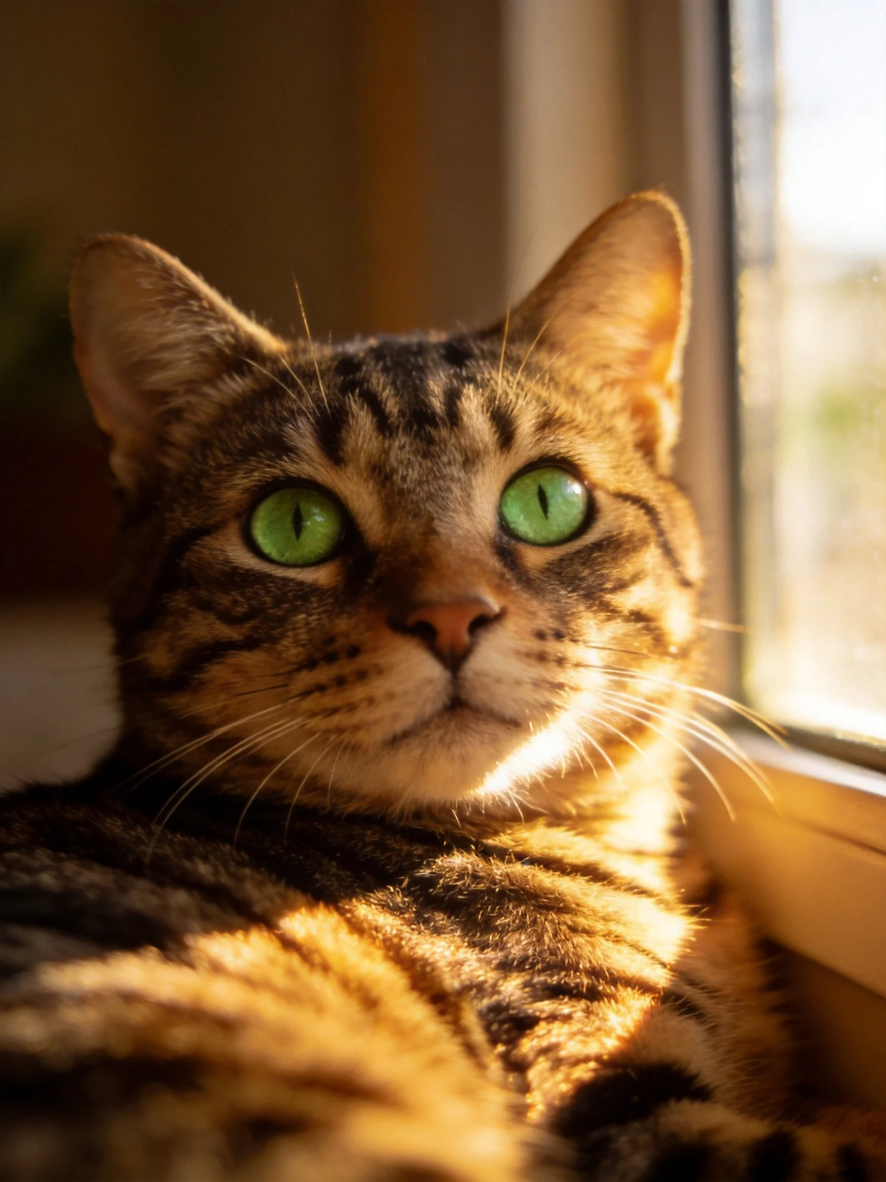 A tabby cat with bright green eyes relaxes by a sunlit window