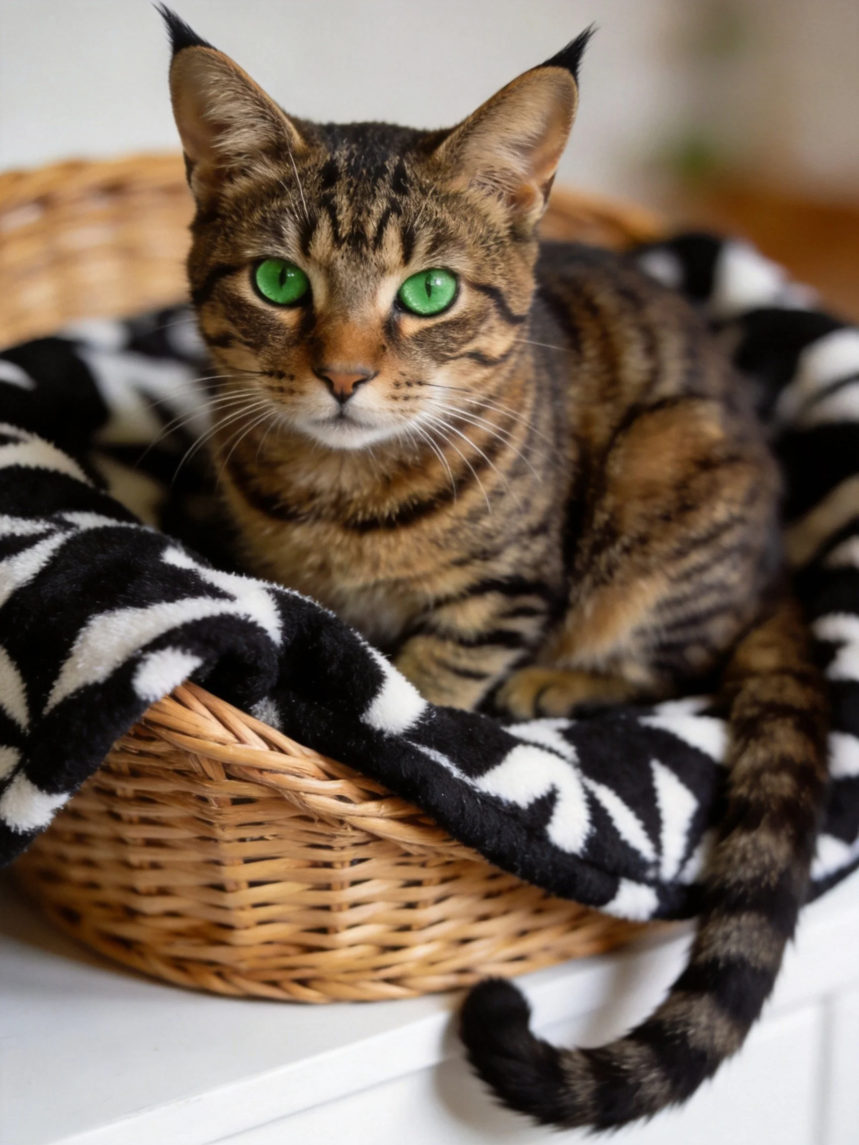 A tabby cat with green eyes relaxes in a wicker basket with a black - white blanket