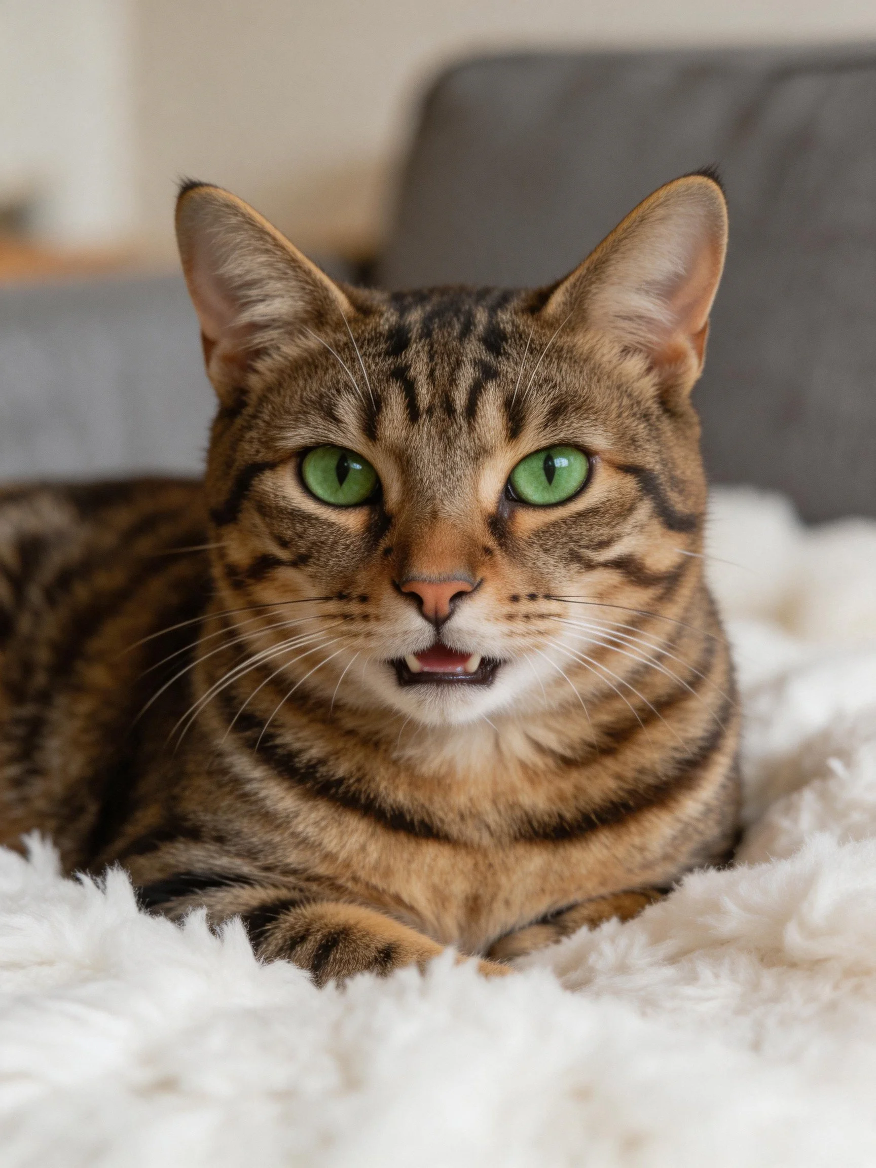 A tabby cat with green eyes relaxes on a plush white blanket.