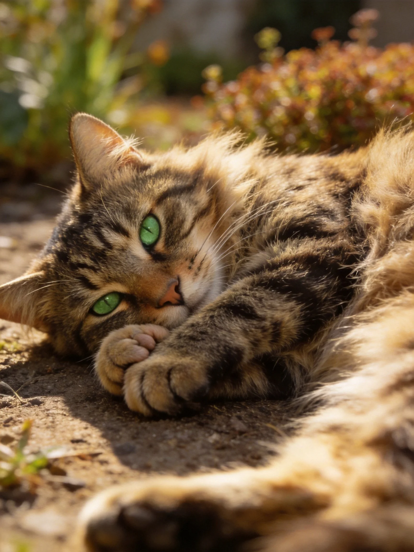 A tabby cat with green eyes relaxes on a sunlit outdoor area.