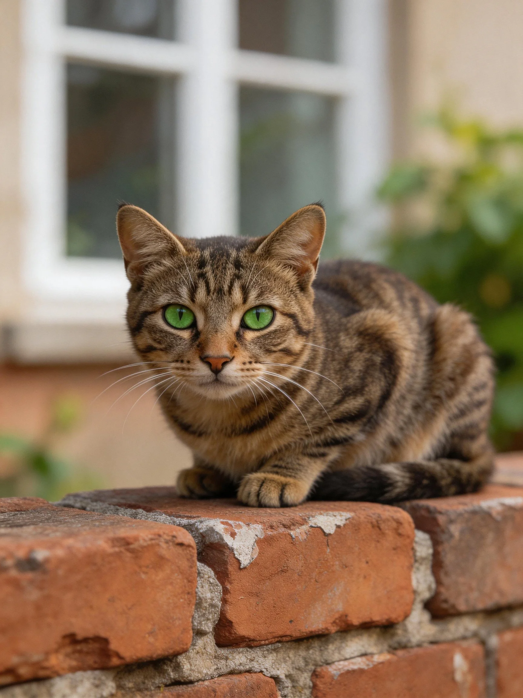 A tabby cat with bright green eyes sits on a weathered brick wall.