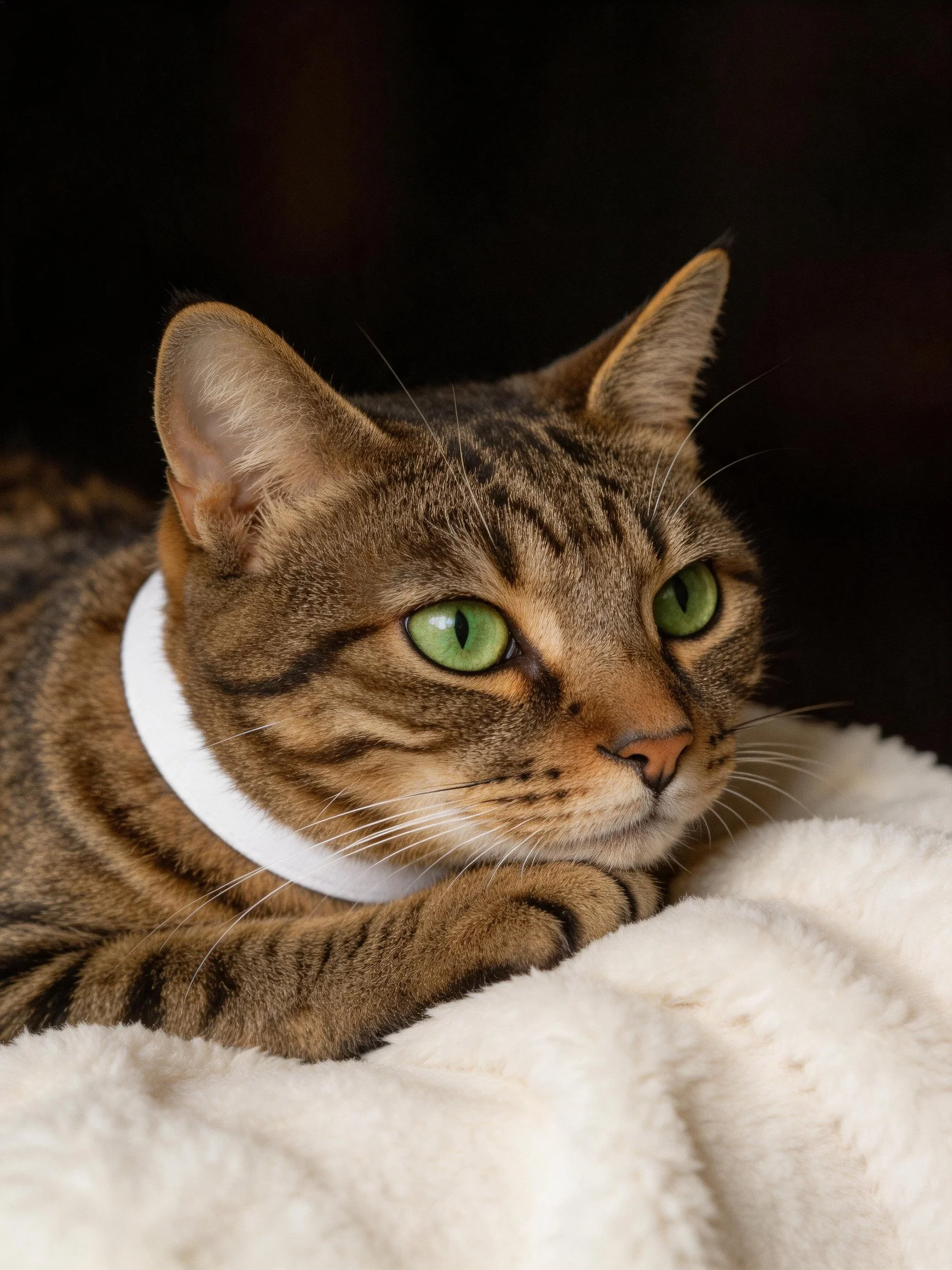 A tabby cat with green eyes relaxes on a soft white blanket