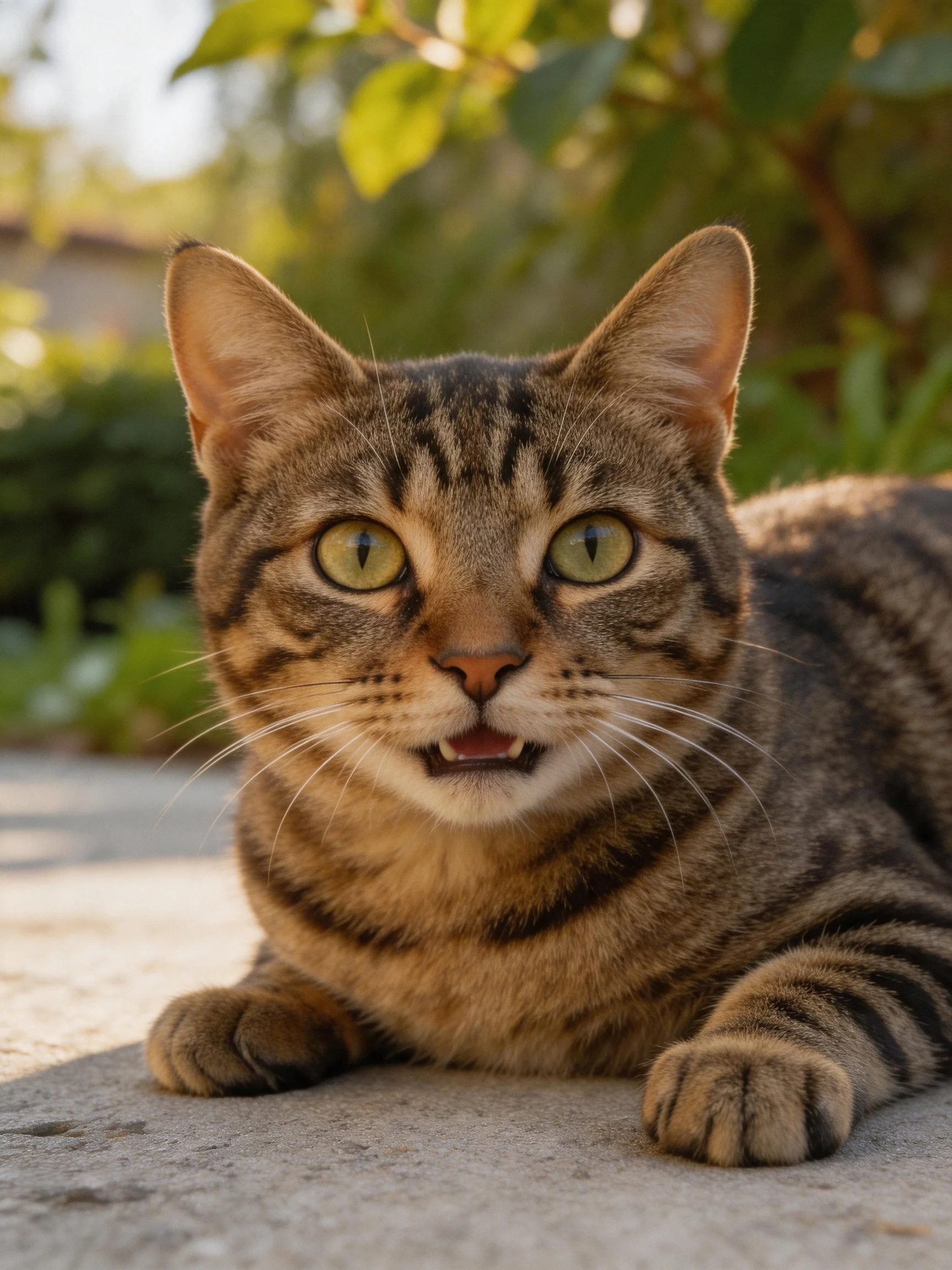 A tabby cat with bright green eyes relaxes on concrete amidst green plants.
