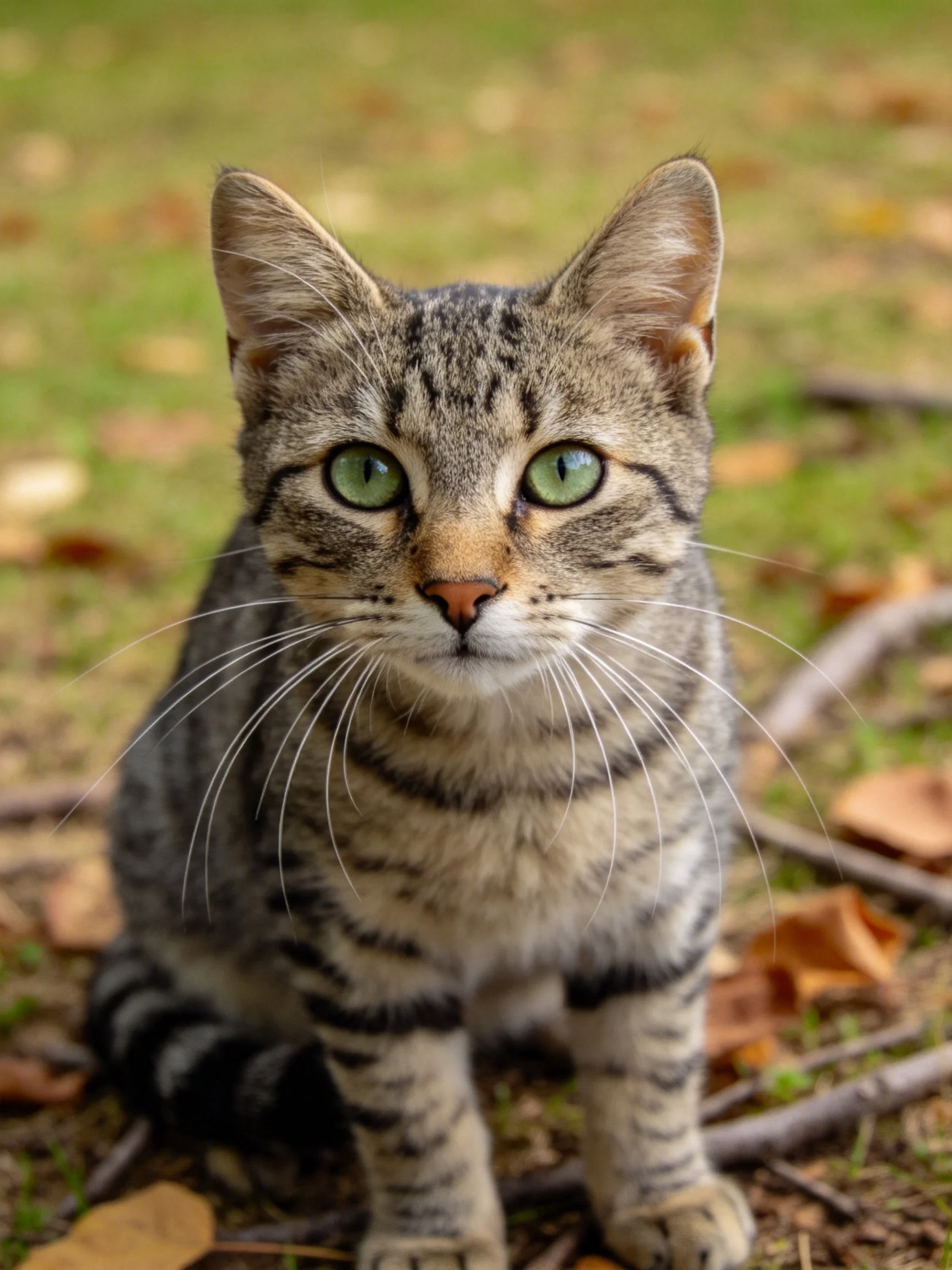 A tabby cat with green eyes sits calmly amid scattered leaves and grass.
