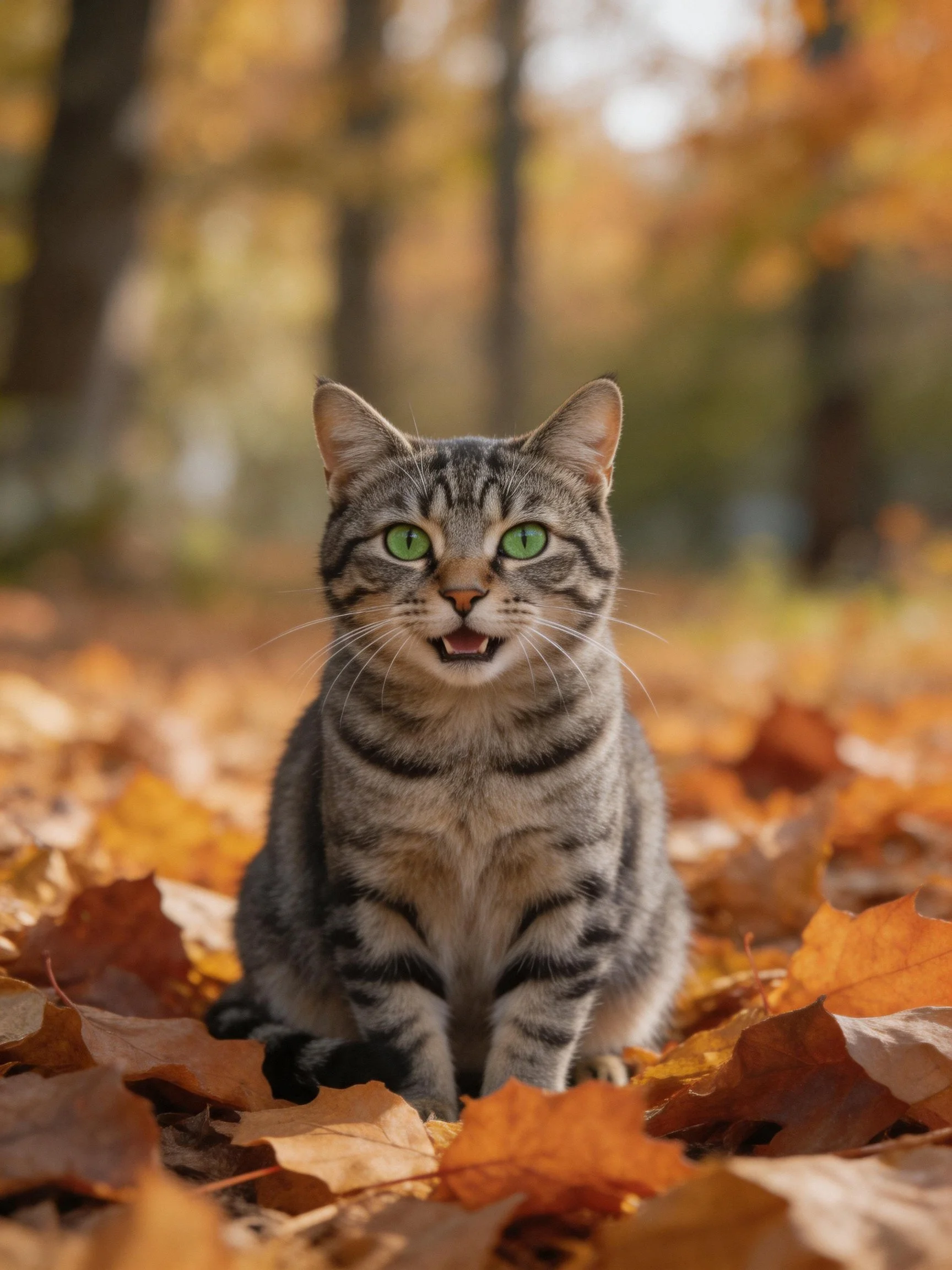 A tabby cat with green eyes rests amid fallen autumn foliage in a sunlit outdoor area.