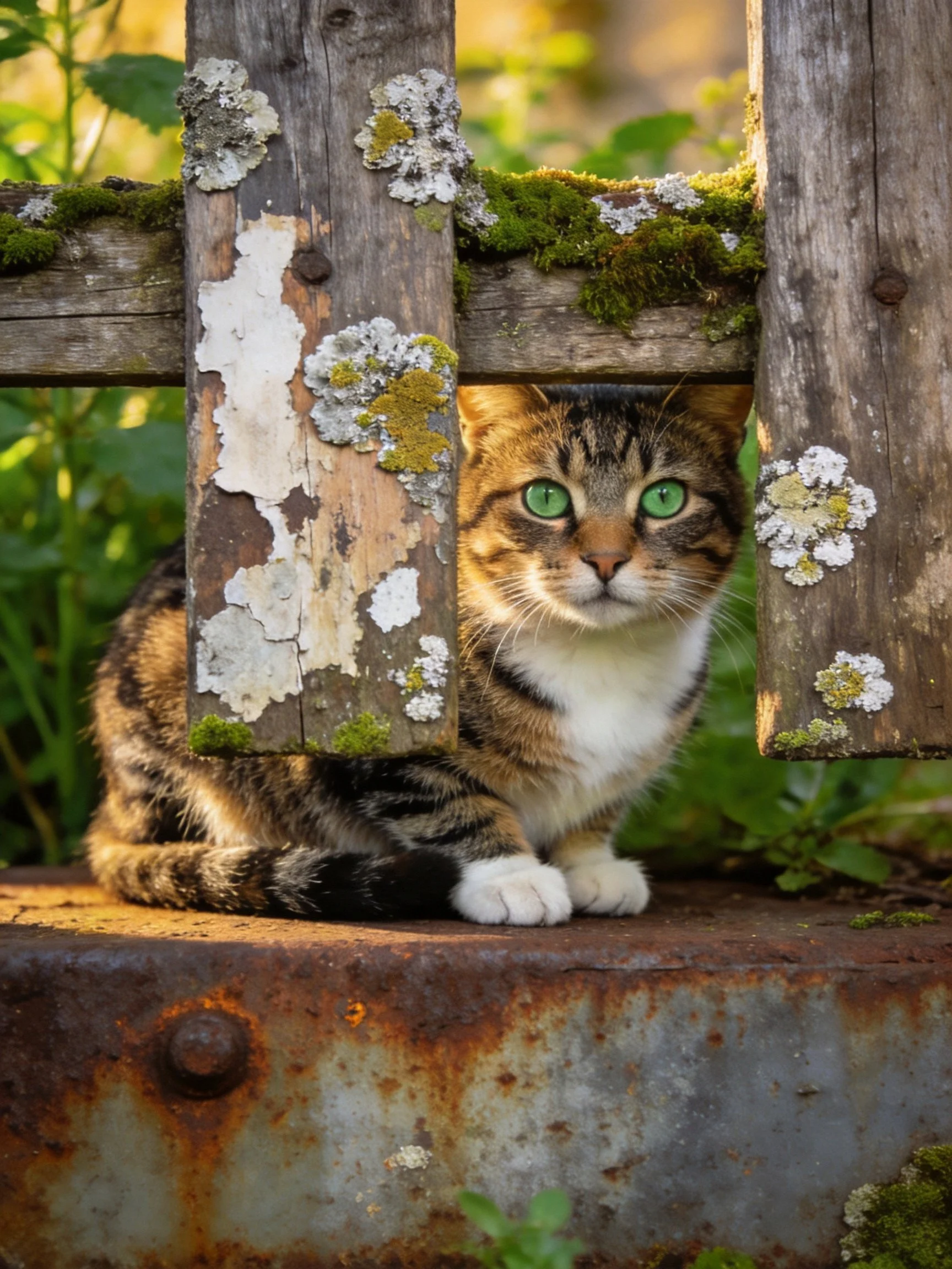 A tabby cat with bright green eyes peeks from behind a moss-covered, weathered wooden fence.