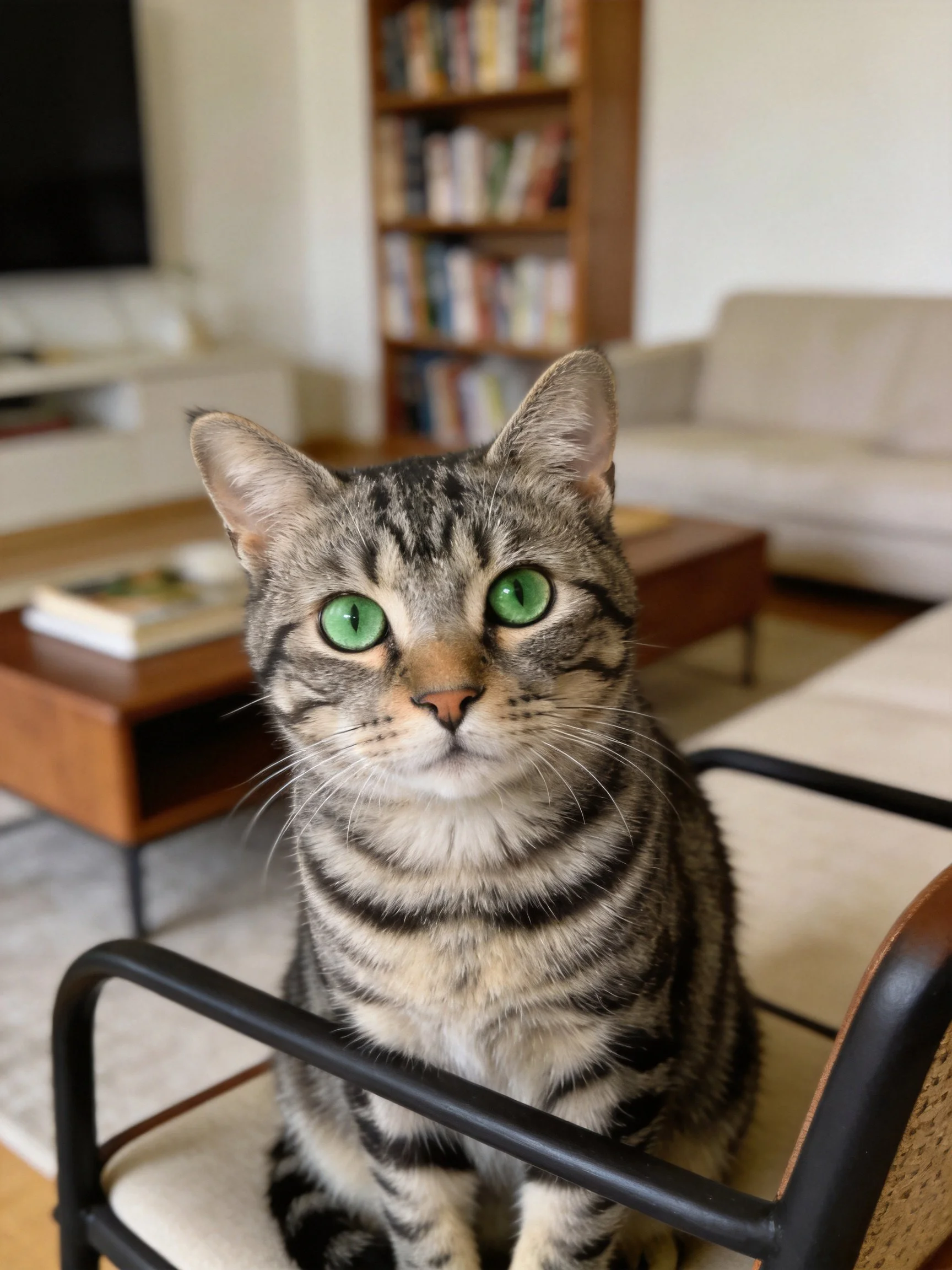 A tabby cat with bright green eyes sits in a cozy living room setting.