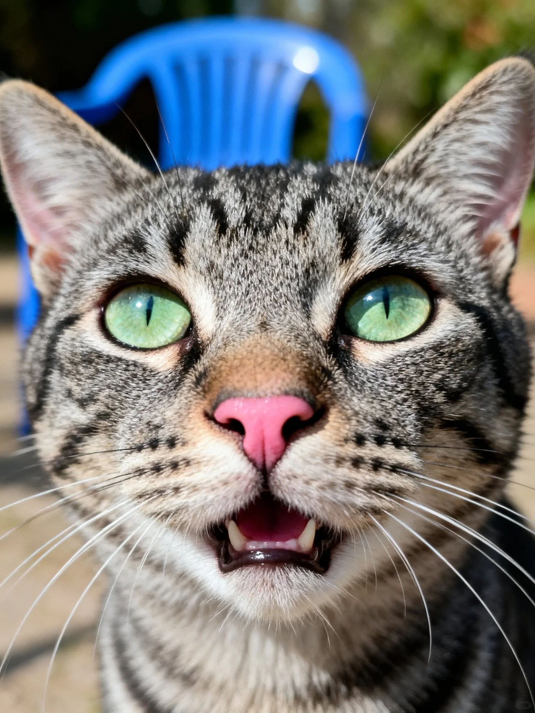 A tabby cat with green eyes is positioned near a blue chair outdoors.