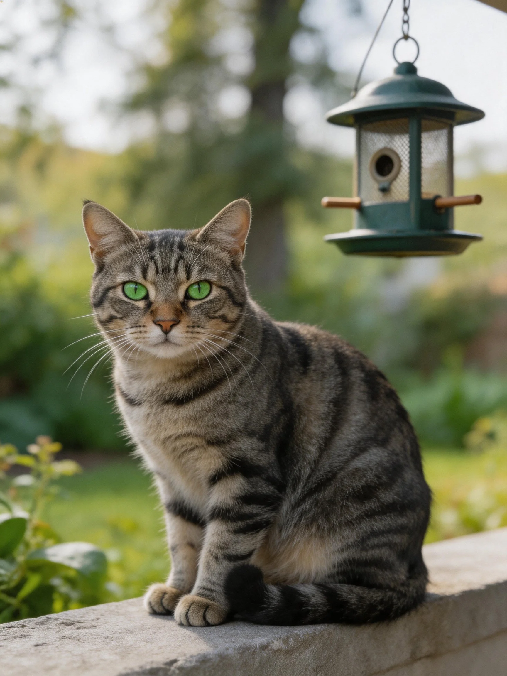 A tabby cat with green eyes sits near a hanging bird feeder in a sunny garden.