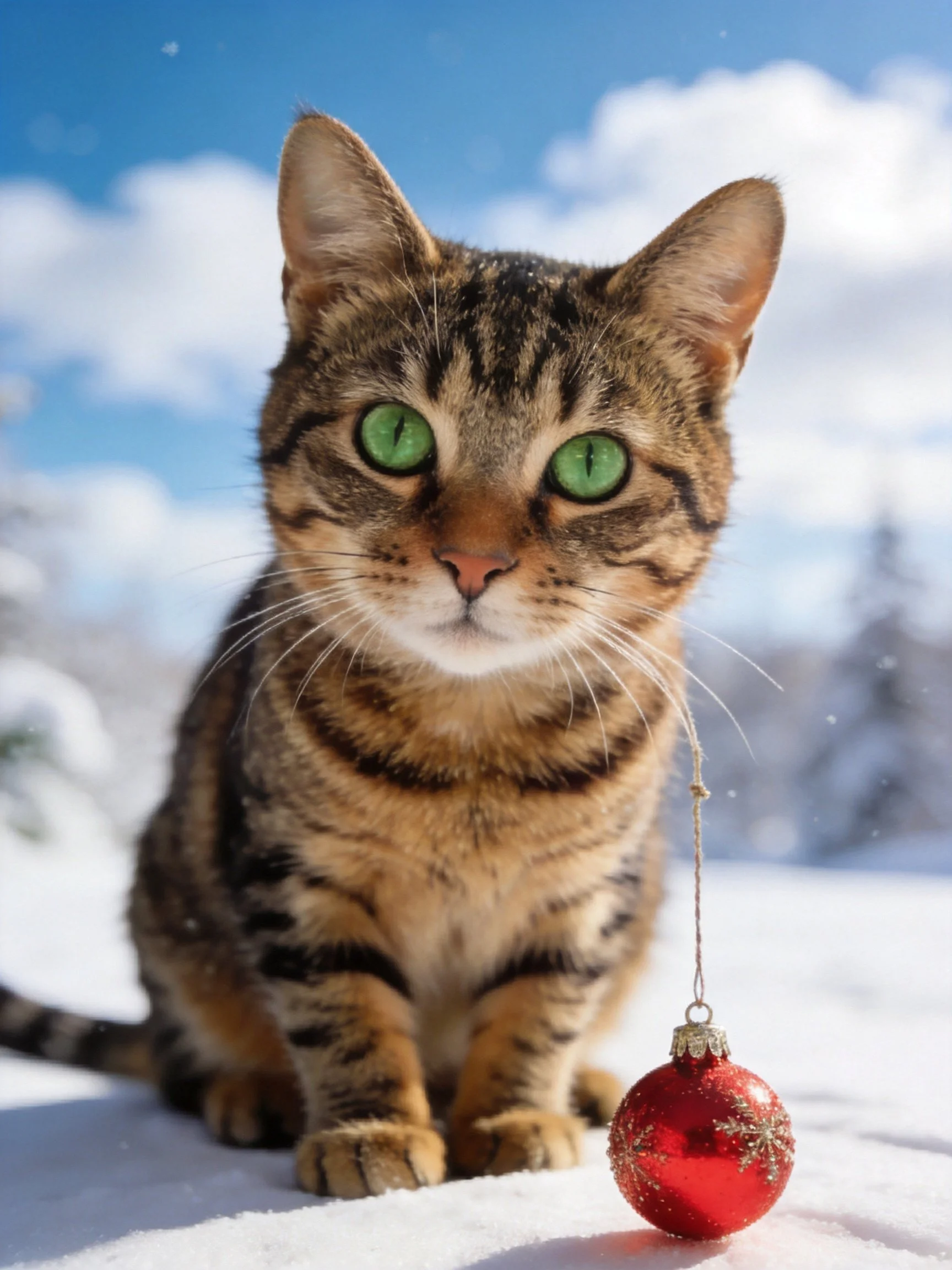 A tabby cat with green eyes sits beside a red ornament in a snowy landscape.