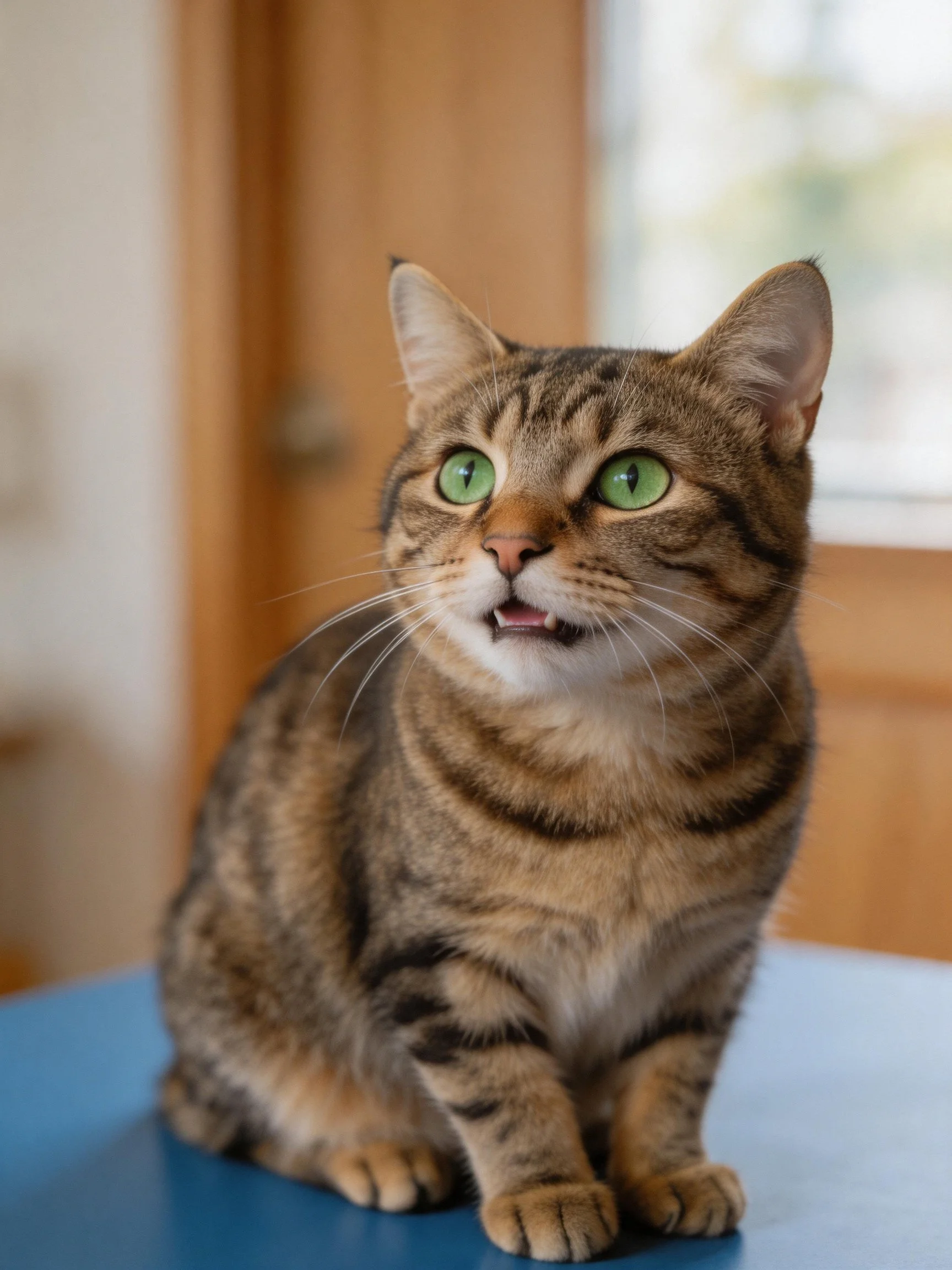A tabby cat with green eyes sits on a blue surface indoors.