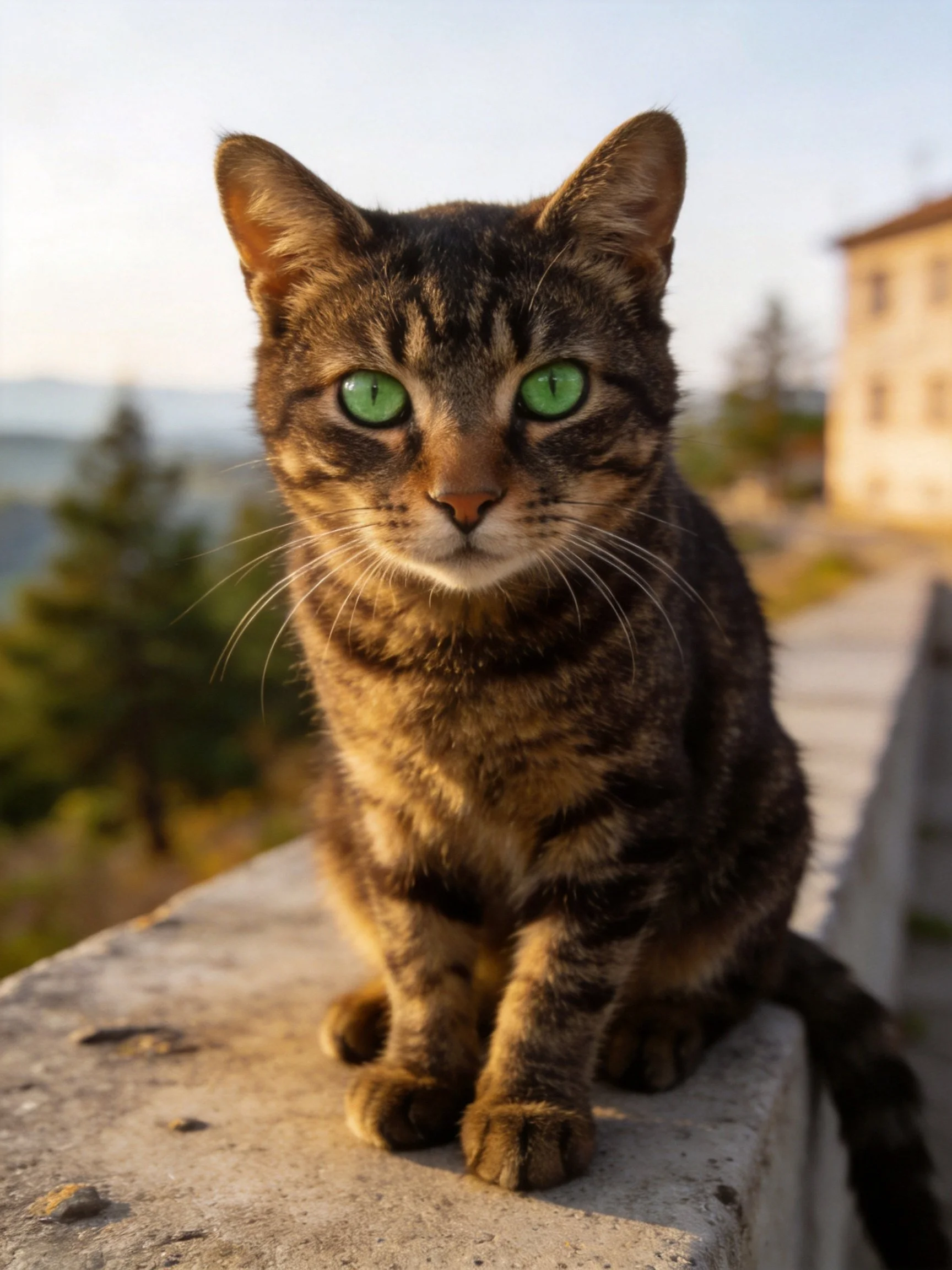 A tabby cat with green eyes sits on a concrete ledge in an outdoor setting.