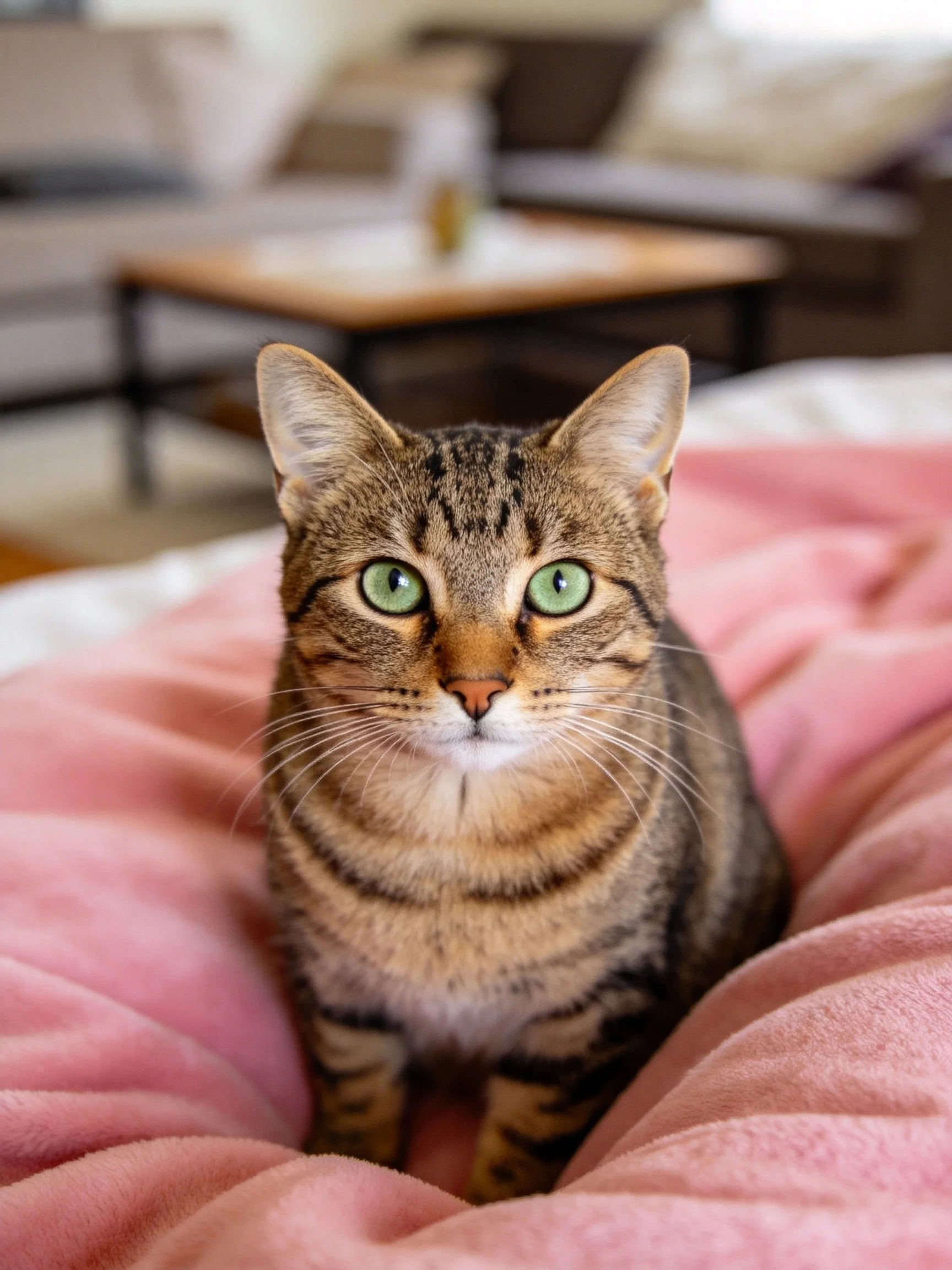 A tabby cat with green eyes rests on a pink blanket in a cozy room.