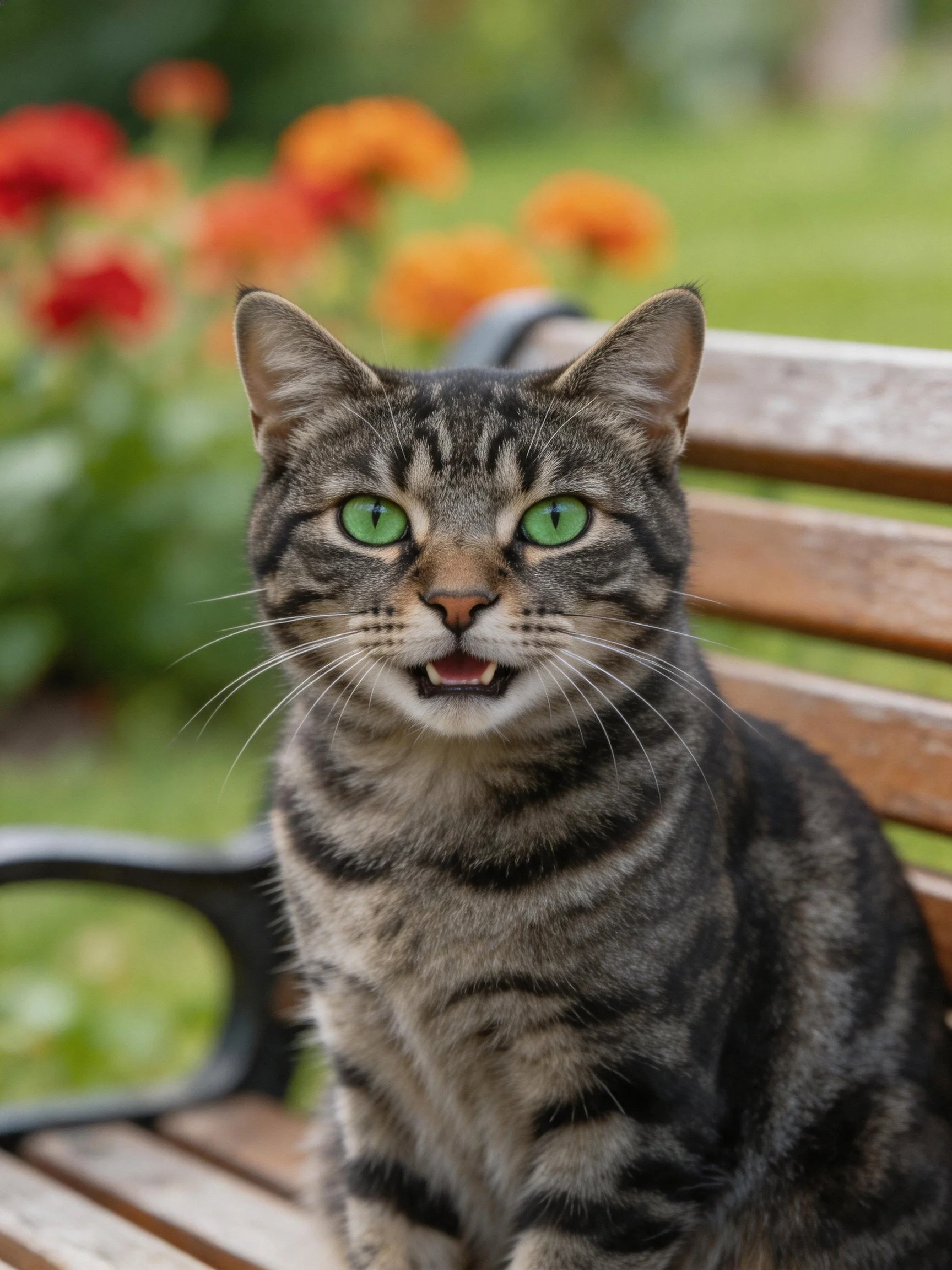A tabby cat with green eyes sits on a bench near colorful flowers