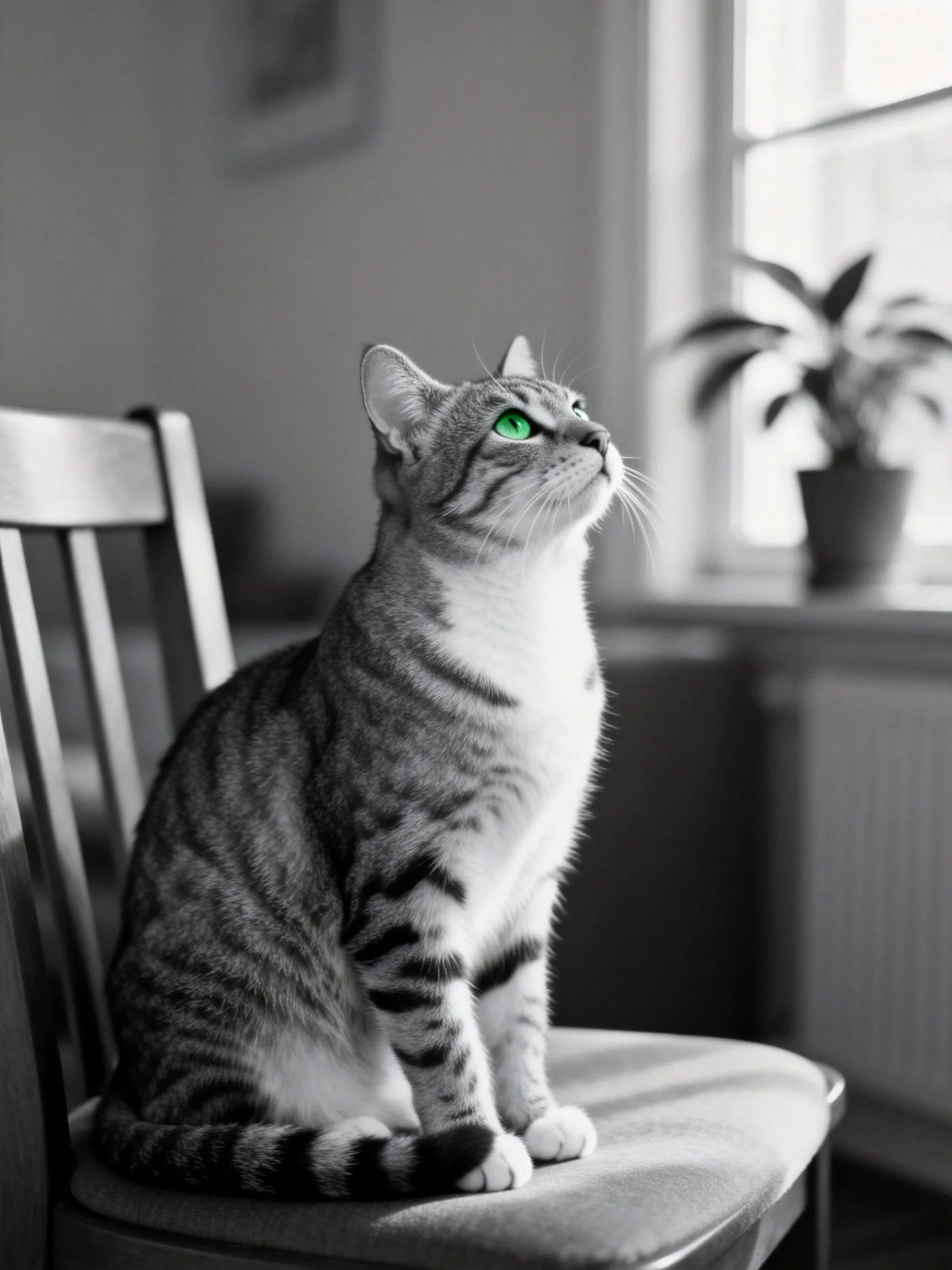 A tabby cat with green eyes rests on a chair in a sunlit indoor setting.